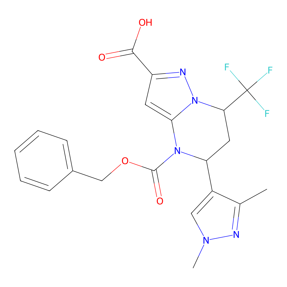 rac-(5R,7S)-4-[(benzyloxy)carbonyl]-5-(1,3-dimethyl-1H-pyrazol-4-yl)-7-(trifluoromethyl)-4H,5H,6H,7H-pyrazolo[1,5-a]pyrimidine-2-carboxylic acid molecular structure, CAS 2639389-70-9