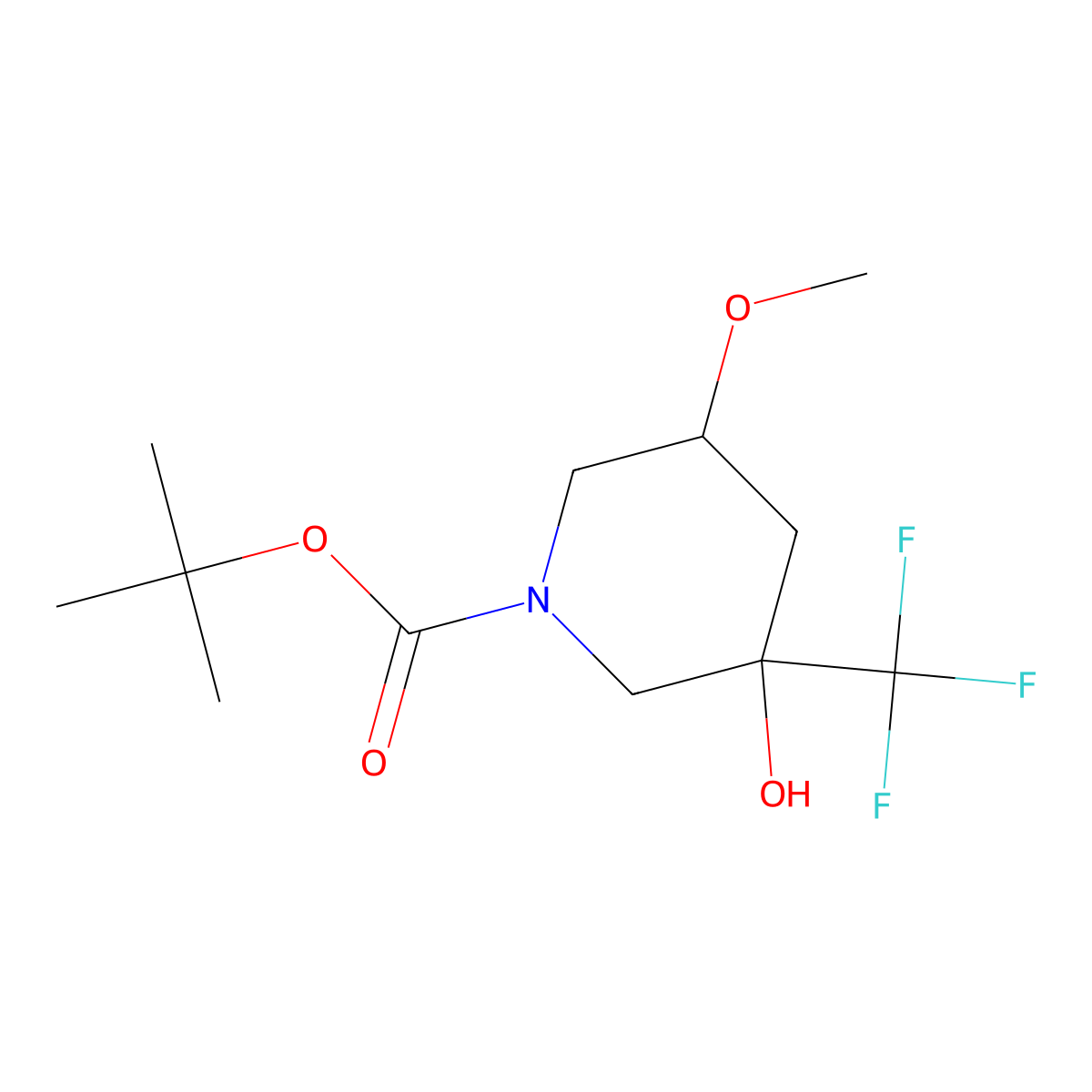 tert-butyl (3R,5S)-3-hydroxy-5-methoxy-3-(trifluoromethyl)piperidine-1-carboxylate molecular structure, CAS 2639389-96-9