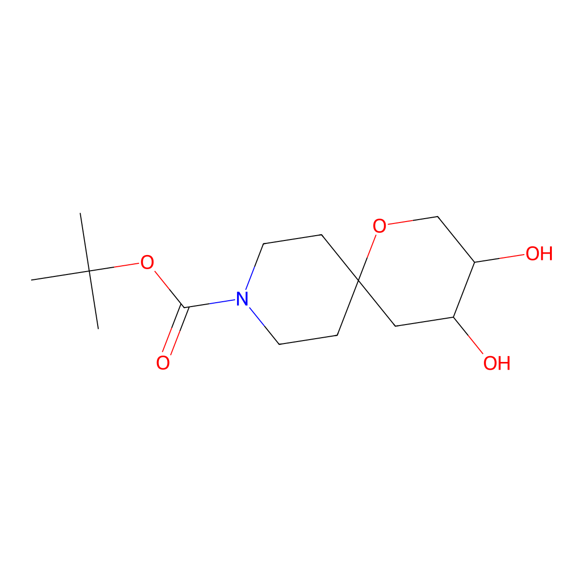 rac-tert-butyl (3R,4S)-3,4-dihydroxy-1-oxa-9-azaspiro[5.5]undecane-9-carboxylate molecular structure, CAS 2639390-03-5