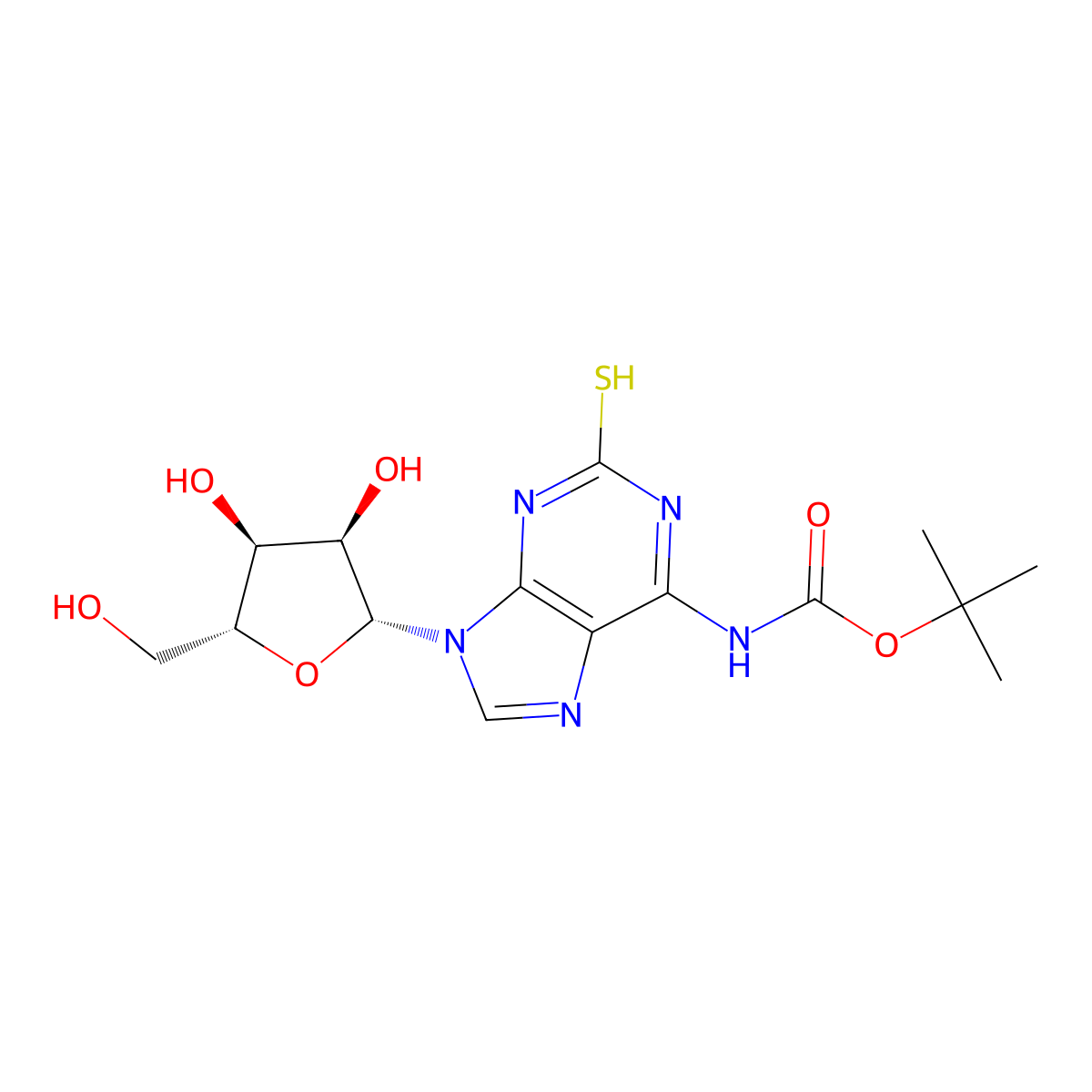 tert-butyl N-{9-[(2R,3R,4S,5R)-3,4-dihydroxy-5-(hydroxymethyl)oxolan-2-yl]-2-sulfanyl-9H-purin-6-yl}carbamate molecular structure, CAS 2639390-10-4