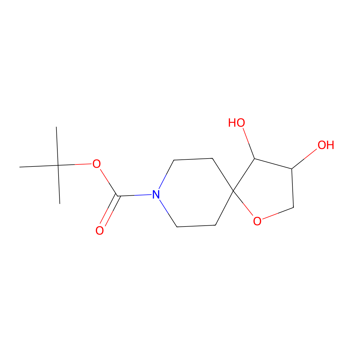 rac-tert-butyl (3R,4R)-3,4-dihydroxy-1-oxa-8-azaspiro[4.5]decane-8-carboxylate molecular structure, CAS 2639390-43-3