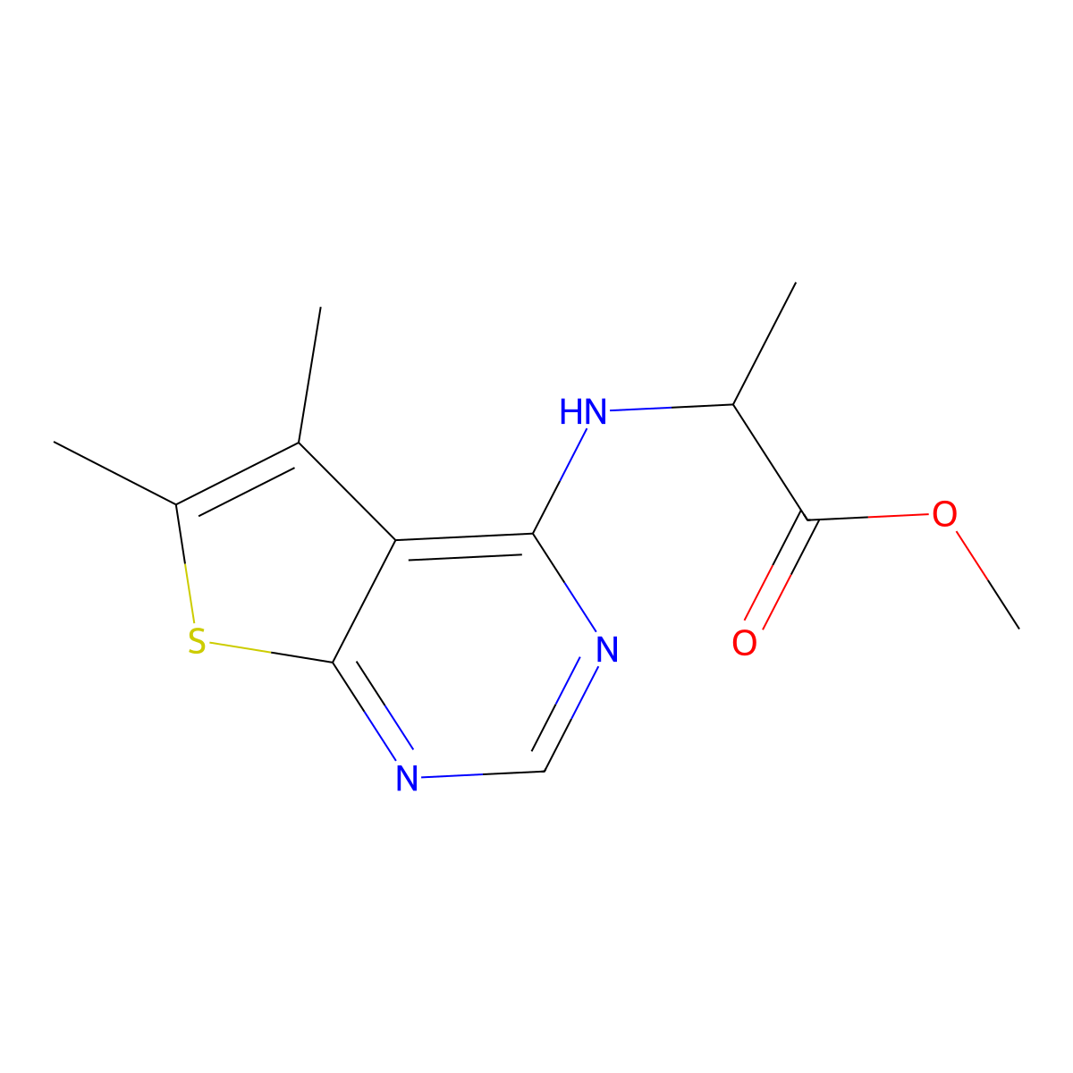 rel-methyl (2R)-2-({5,6-dimethylthieno[2,3-d]pyrimidin-4-yl}amino)propanoate molecular structure, CAS 2639390-97-7