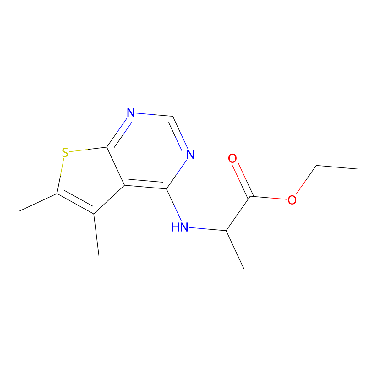 rel-ethyl (2R)-2-({5,6-dimethylthieno[2,3-d]pyrimidin-4-yl}amino)propanoate molecular structure, CAS 2639391-21-0