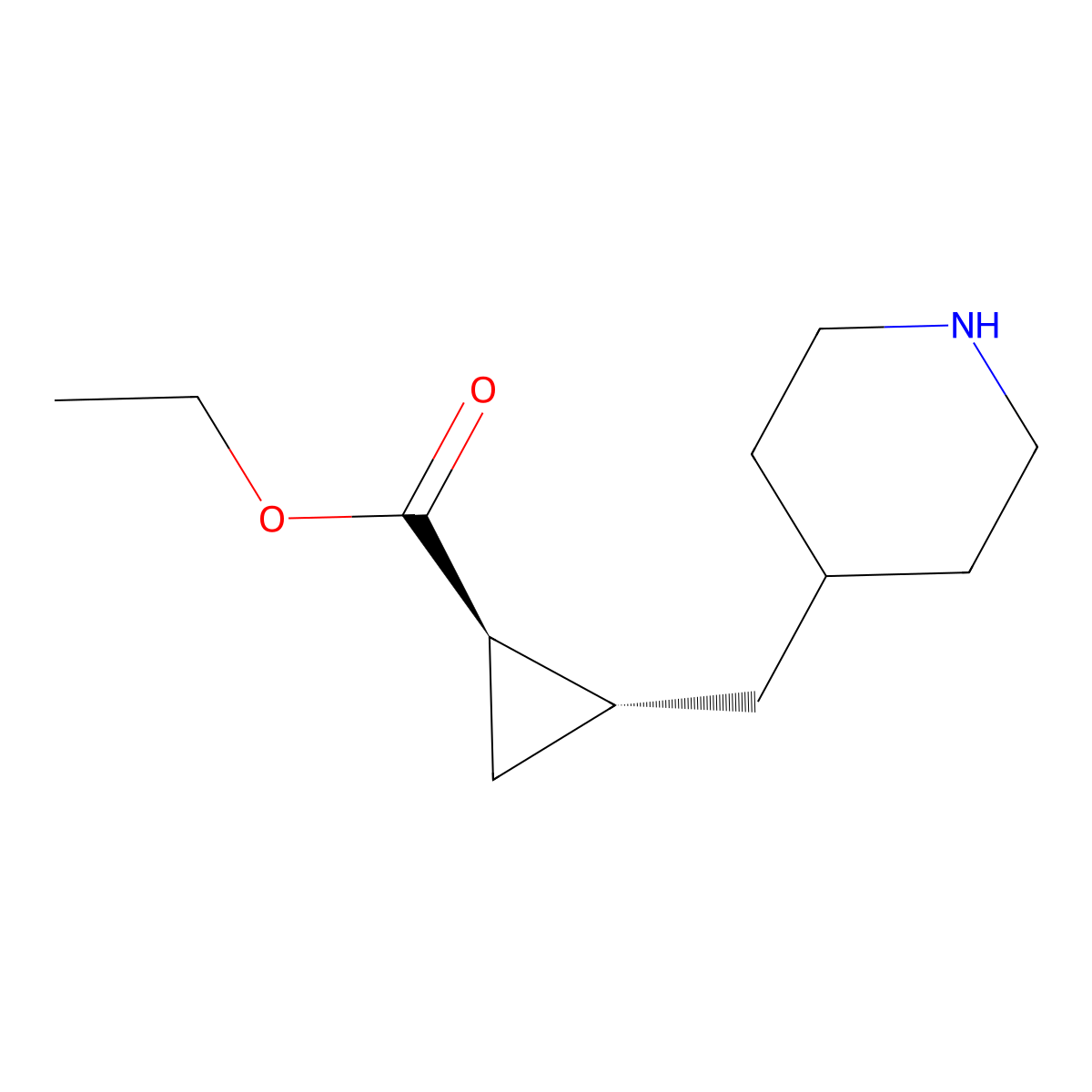 rac-ethyl (1R,2R)-2-[(piperidin-4-yl)methyl]cyclopropane-1-carboxylate molecular structure, CAS 2639391-23-2