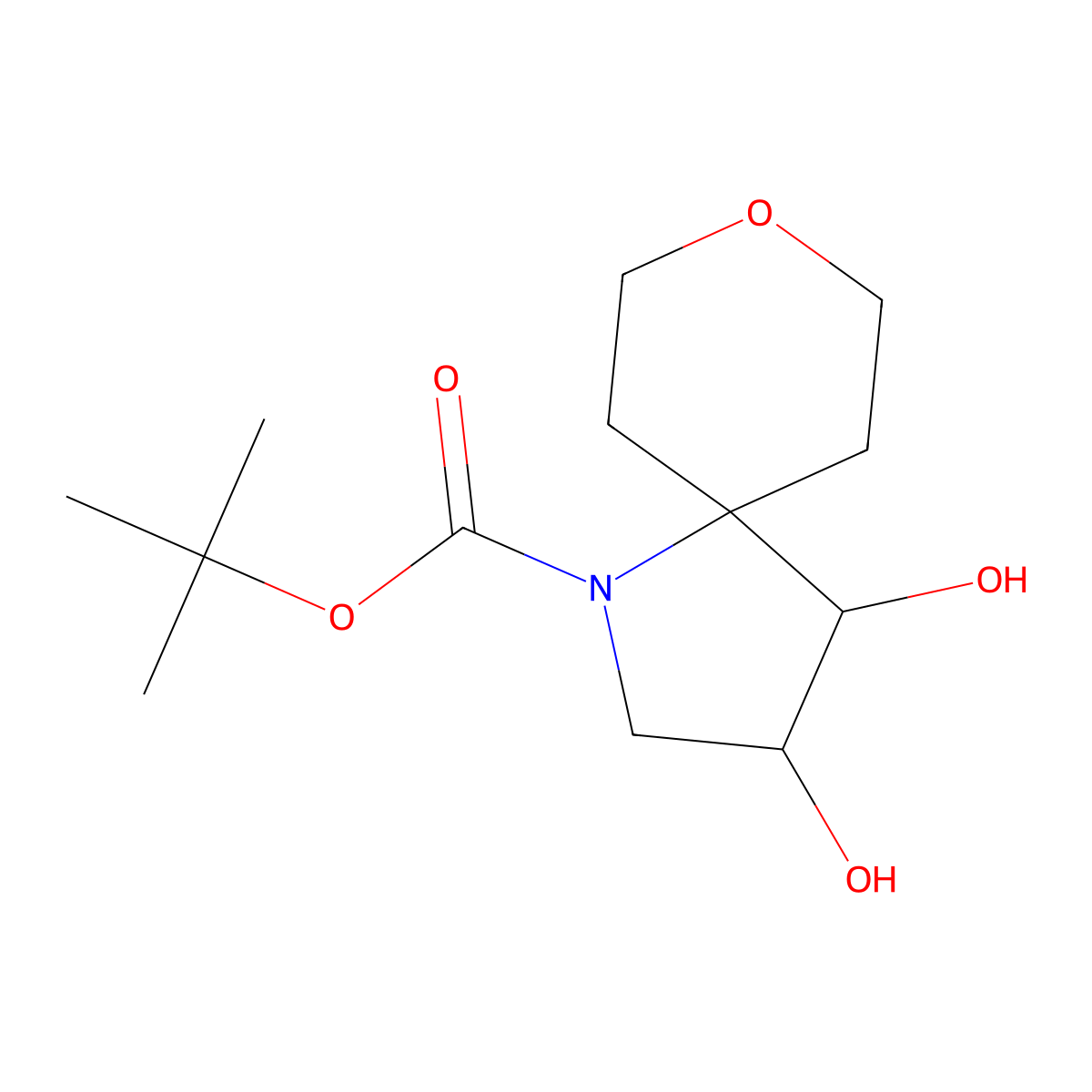 rac-tert-butyl (3R,4S)-3,4-dihydroxy-8-oxa-1-azaspiro[4.5]decane-1-carboxylate molecular structure, CAS 2639391-43-6