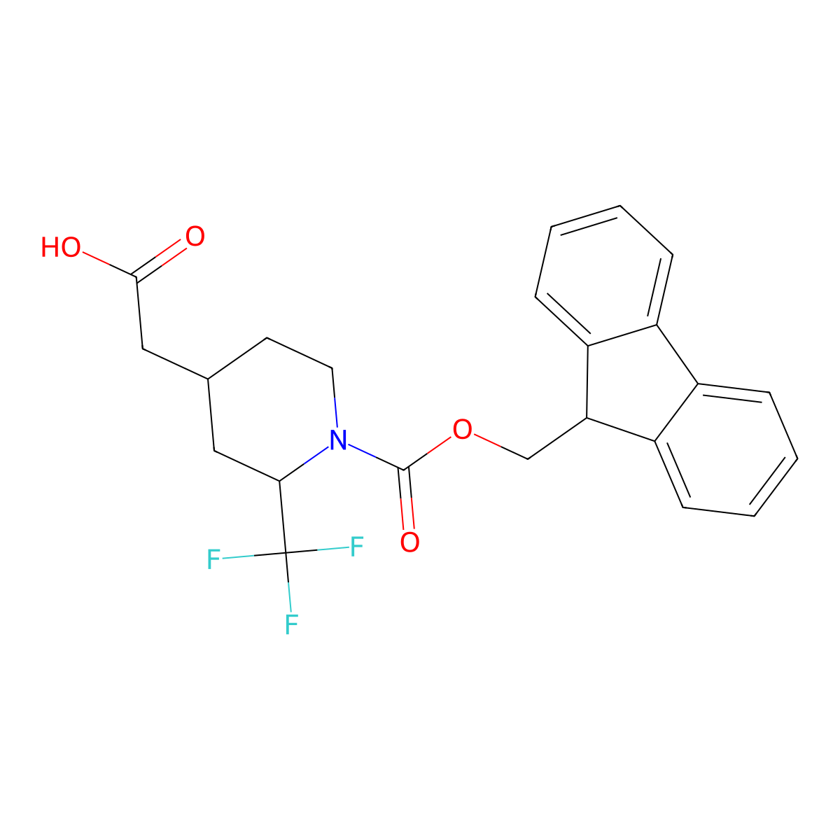 rac-2-[(2R,4S)-1-{[(9H-fluoren-9-yl)methoxy]carbonyl}-2-(trifluoromethyl)piperidin-4-yl]acetic acid molecular structure, CAS 2639391-68-5