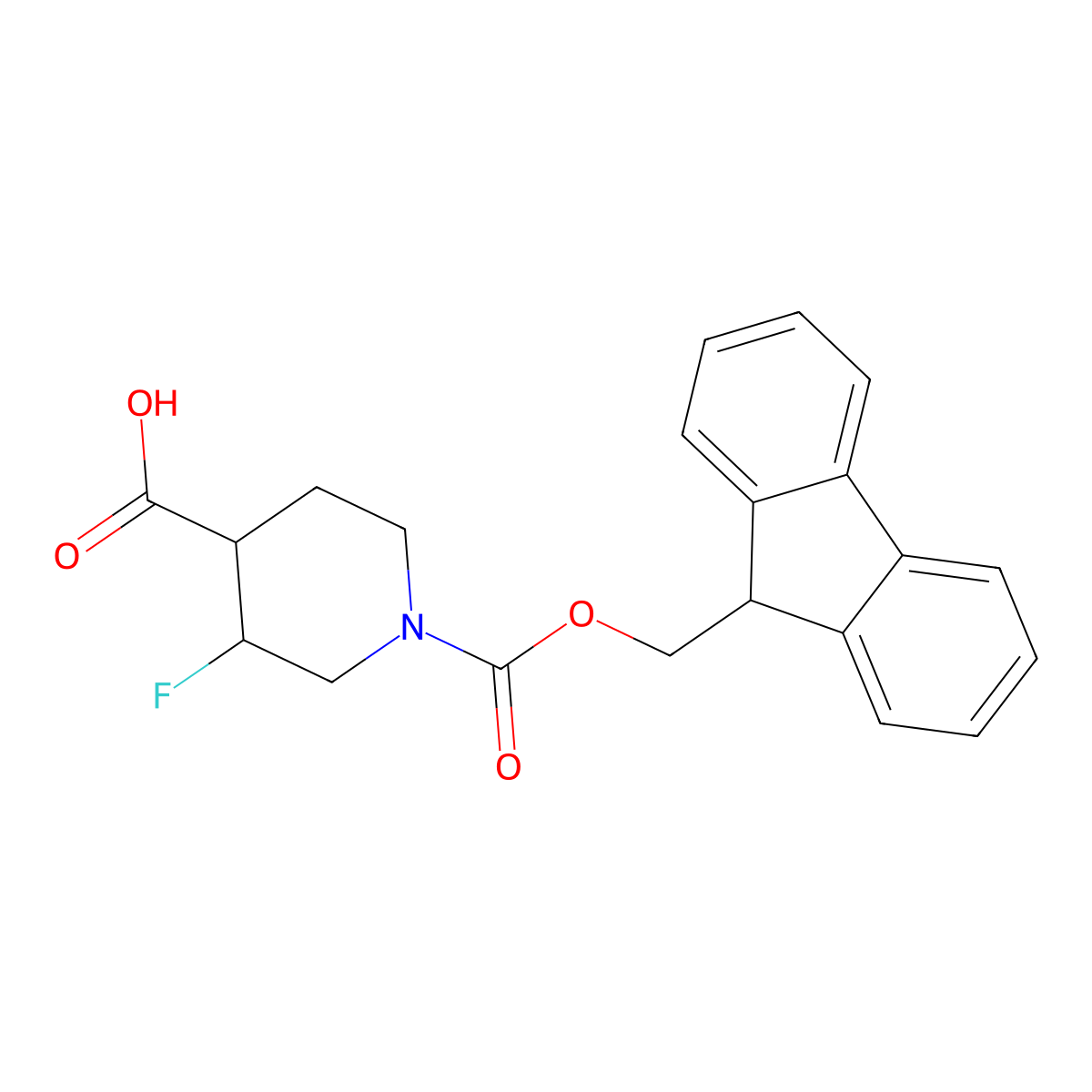 rac-(3R,4S)-1-{[(9H-fluoren-9-yl)methoxy]carbonyl}-3-fluoropiperidine-4-carboxylic acid molecular structure, CAS 2639391-78-7