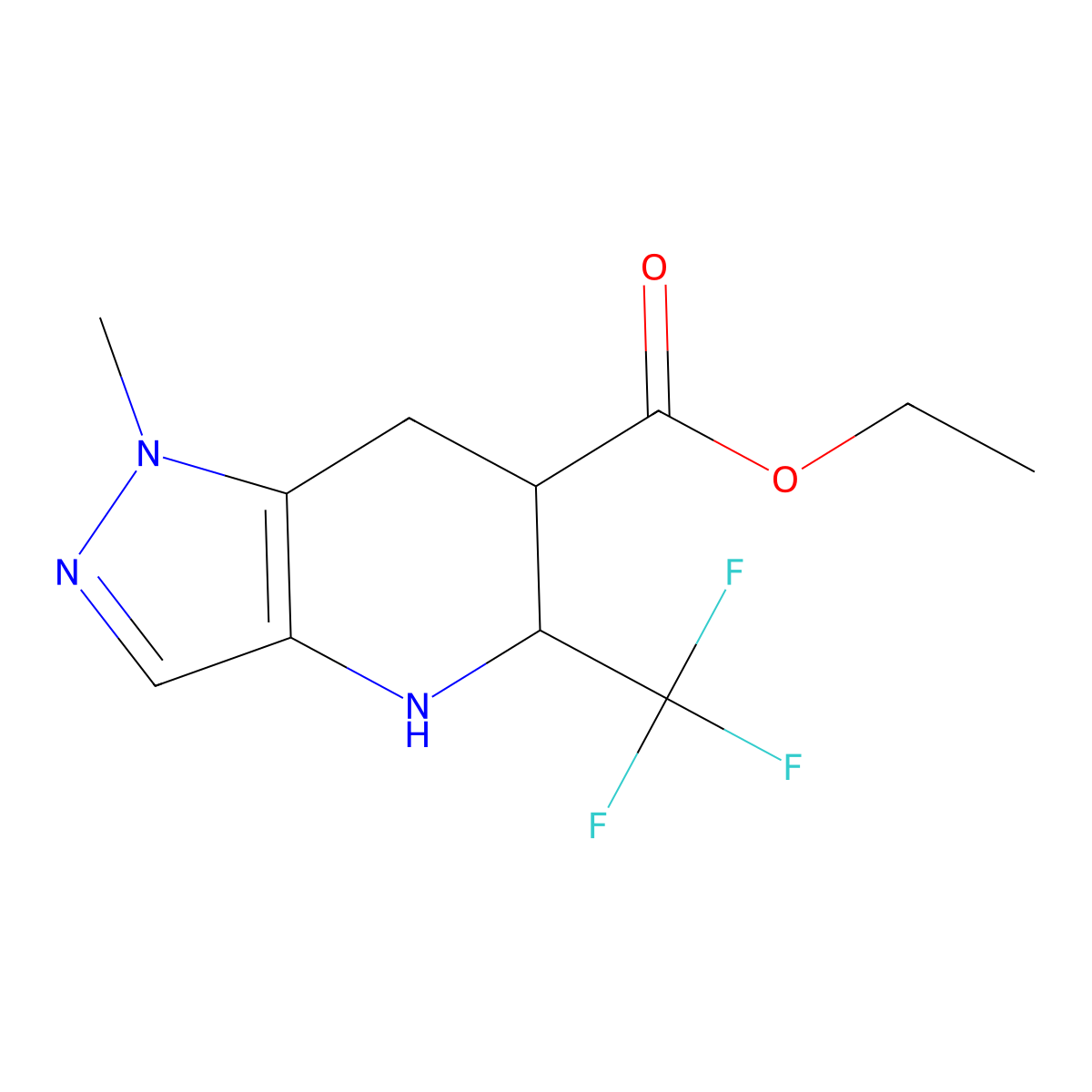 rac-ethyl (5R,6R)-1-methyl-5-(trifluoromethyl)-1H,4H,5H,6H,7H-pyrazolo[4,3-b]pyridine-6-carboxylate molecular structure, CAS 2639391-91-4