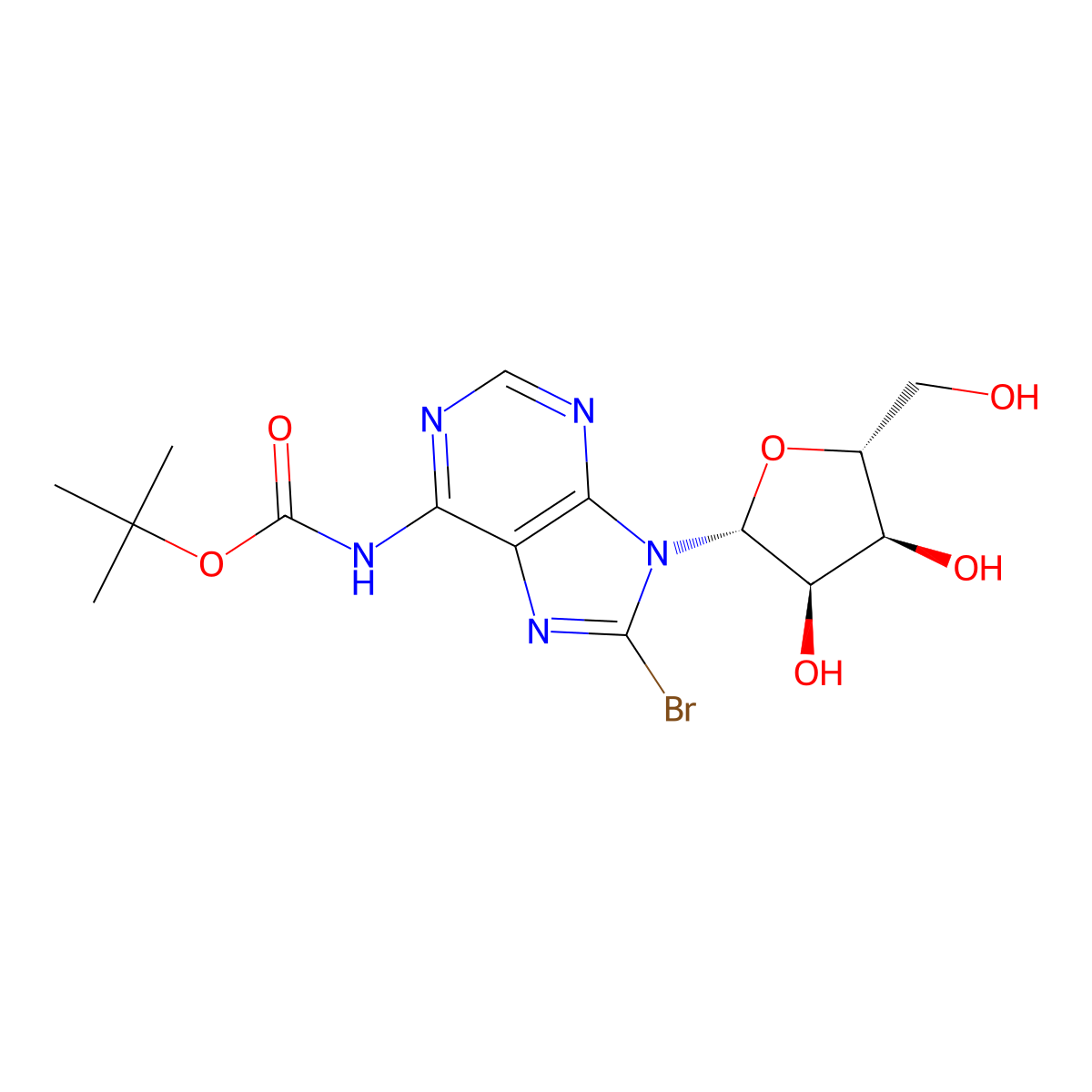 tert-butyl N-{8-bromo-9-[(2R,3R,4S,5R)-3,4-dihydroxy-5-(hydroxymethyl)oxolan-2-yl]-9H-purin-6-yl}carbamate molecular structure, CAS 2639391-93-6