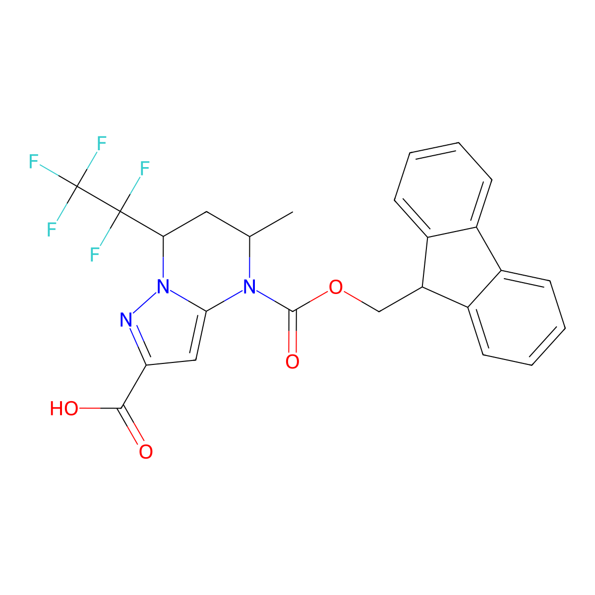 rac-(5R,7R)-4-{[(9H-fluoren-9-yl)methoxy]carbonyl}-5-methyl-7-(1,1,2,2,2-pentafluoroethyl)-4H,5H,6H,7H-pyrazolo[1,5-a]pyrimidine-2-carboxylic acid molecular structure, CAS 2639392-03-1