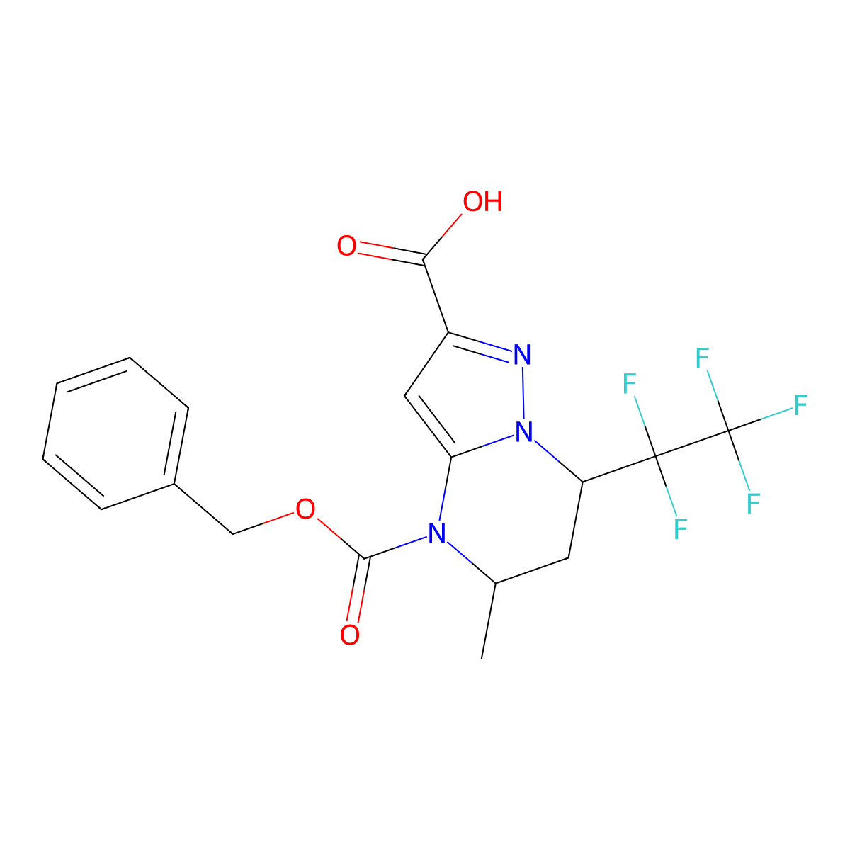 rac-(5R,7R)-4-[(benzyloxy)carbonyl]-5-methyl-7-(1,1,2,2,2-pentafluoroethyl)-4H,5H,6H,7H-pyrazolo[1,5-a]pyrimidine-2-carboxylic acid molecular structure, CAS 2639392-04-2