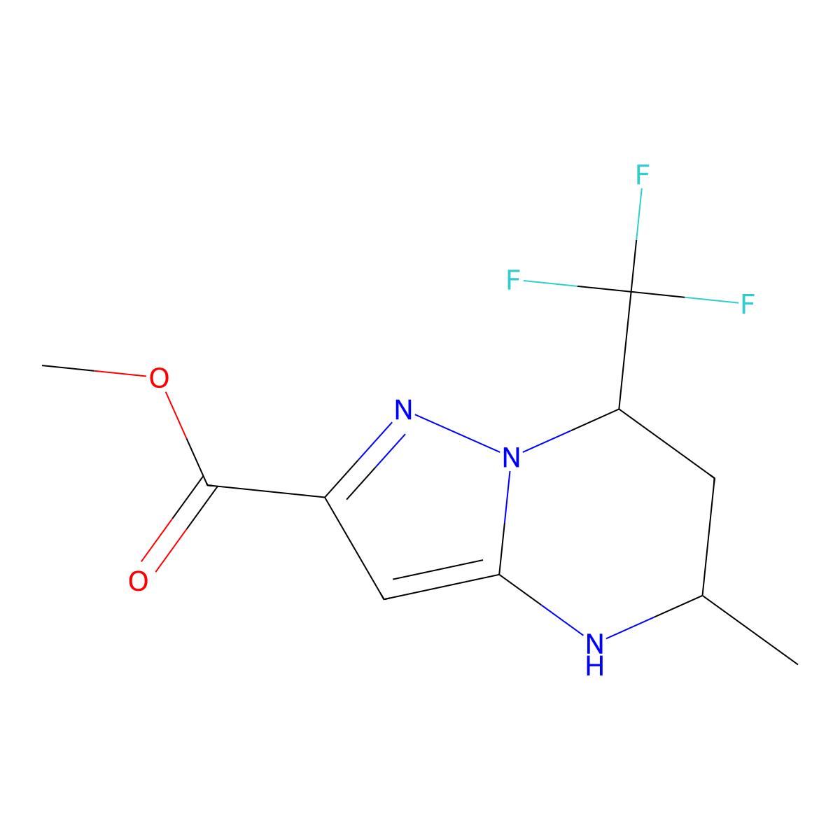rac-methyl (5R,7R)-5-methyl-7-(trifluoromethyl)-4H,5H,6H,7H-pyrazolo[1,5-a]pyrimidine-2-carboxylate molecular structure, CAS 2639392-14-4