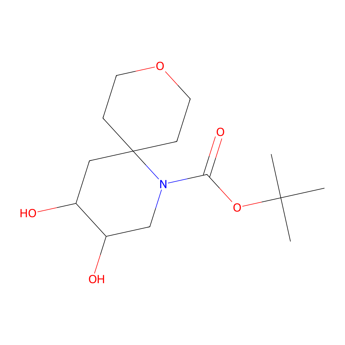 rac-tert-butyl (3R,4S)-3,4-dihydroxy-9-oxa-1-azaspiro[5.5]undecane-1-carboxylate molecular structure, CAS 2639392-40-6