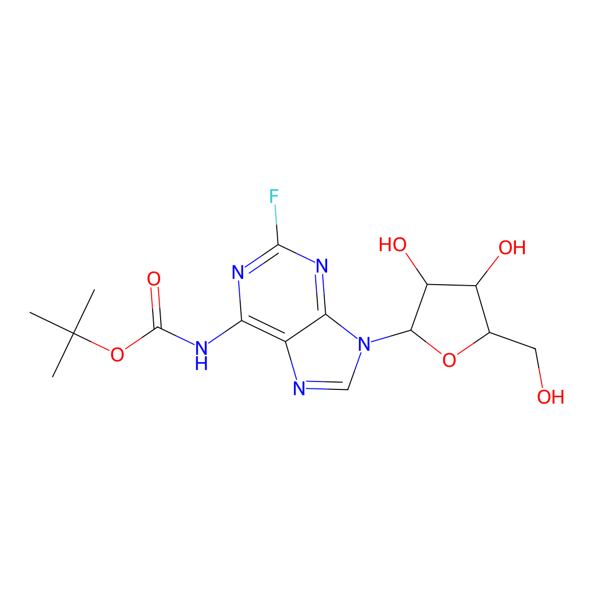 tert-butyl N-{9-[(2R,3R,4S,5R)-3,4-dihydroxy-5-(hydroxymethyl)oxolan-2-yl]-2-fluoro-9H-purin-6-yl}carbamate molecular structure, CAS 2639392-73-5