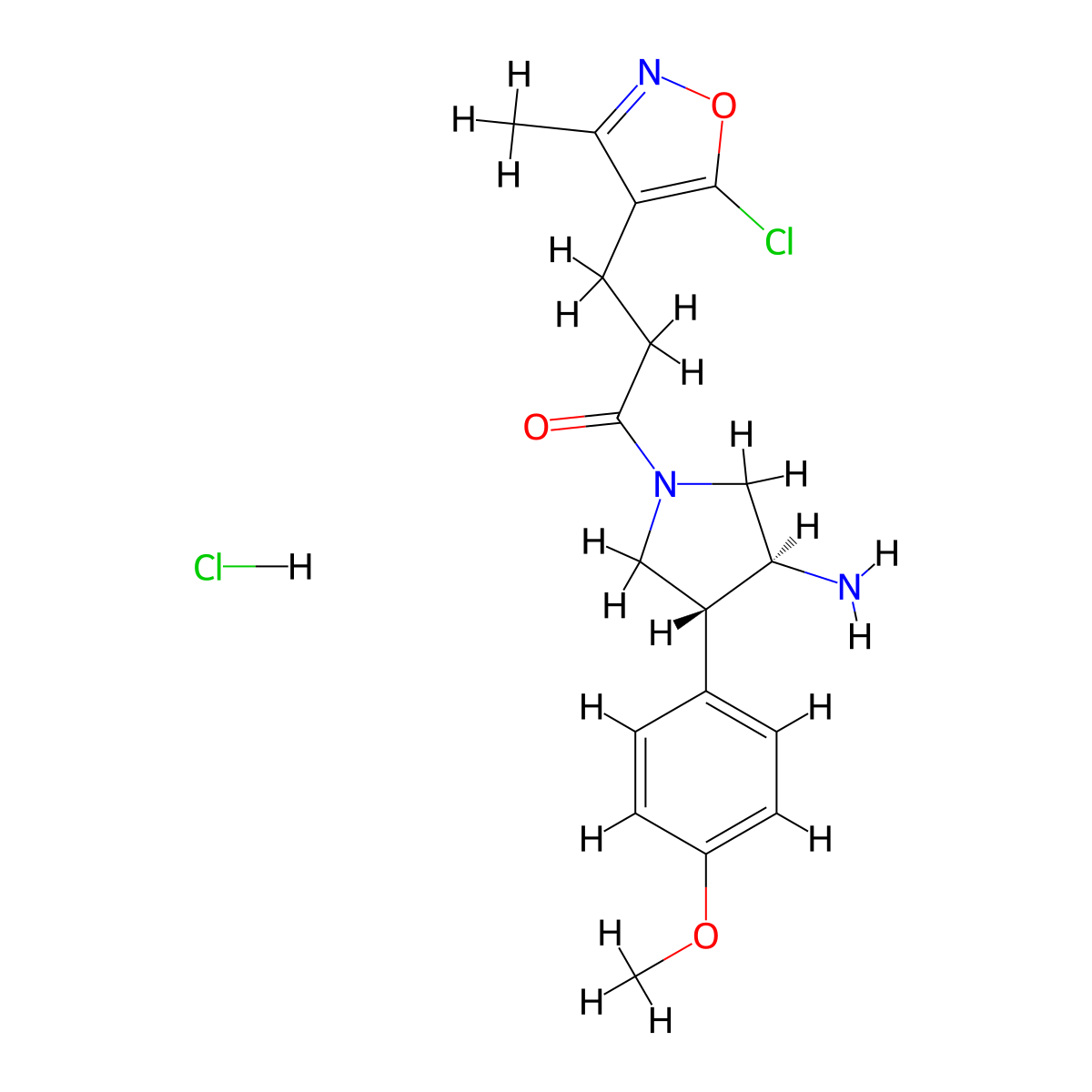 rac-1-[(3R,4S)-3-amino-4-(4-methoxyphenyl)pyrrolidin-1-yl]-3-(5-chloro-3-methyl-1,2-oxazol-4-yl)propan-1-one hydrochloride, trans molecular structure, CAS 2639392-89-3