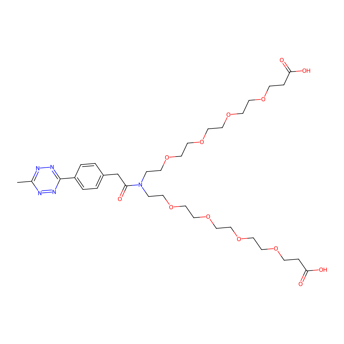 Methyltetrazine-amido-N-bis(PEG4-acid) molecular structure, CAS 2639395-39-2