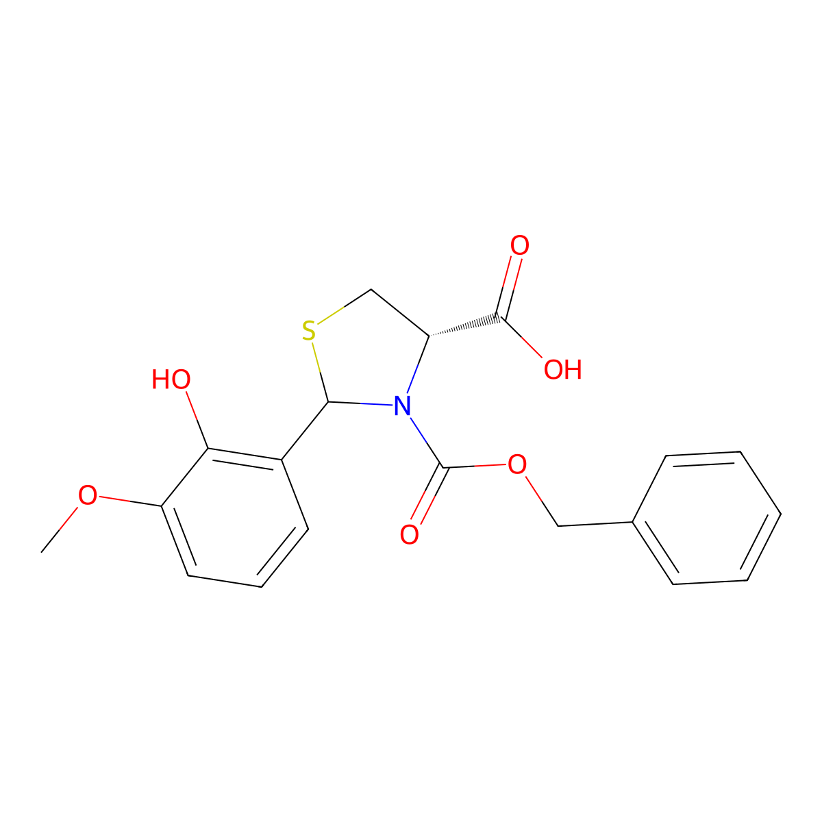 (4S)-3-[(benzyloxy)carbonyl]-2-(2-hydroxy-3-methoxyphenyl)-1,3-thiazolidine-4-carboxylic acid molecular structure, CAS 2639398-97-1