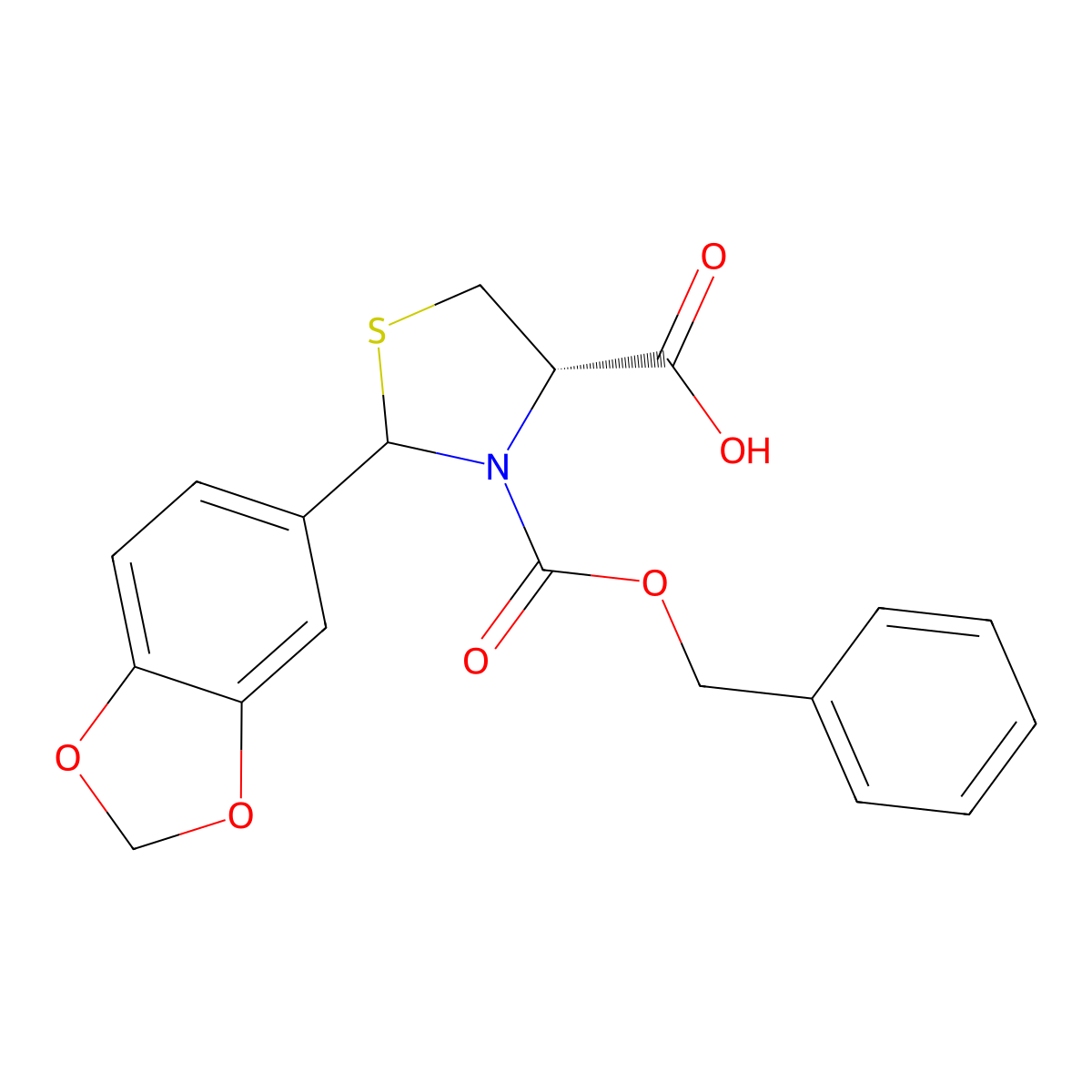 (4S)-2-(1,3-dioxaindan-5-yl)-3-[(benzyloxy)carbonyl]-1,3-thiazolidine-4-carboxylic acid molecular structure, CAS 2639399-14-5