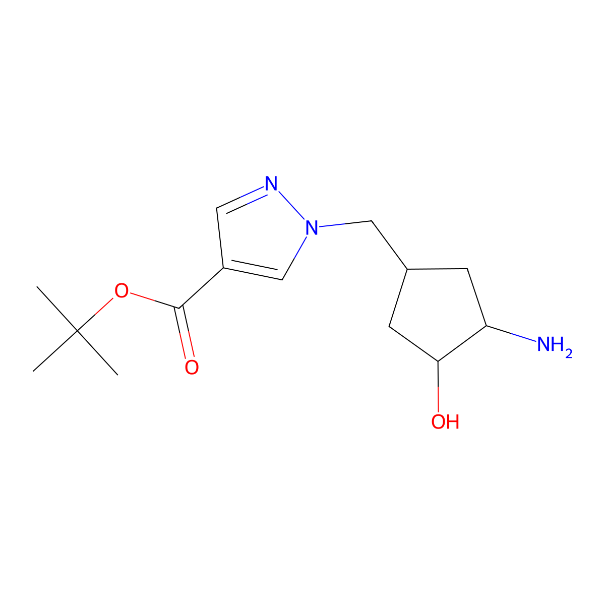 rac-tert-butyl 1-{[(3R,4R)-3-amino-4-hydroxycyclopentyl]methyl}-1H-pyrazole-4-carboxylate molecular structure, CAS 2639399-33-8