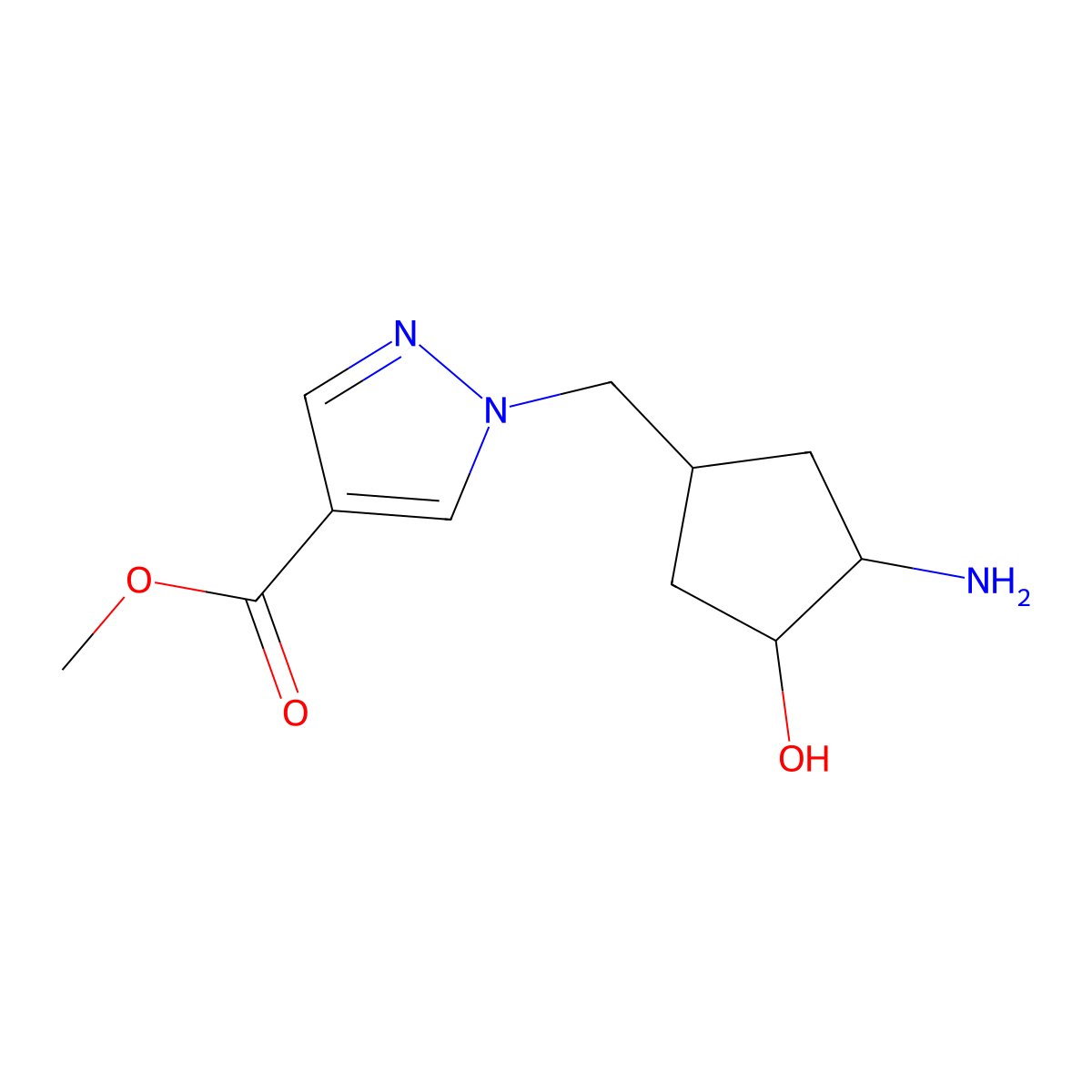 rac-methyl 1-{[(3R,4R)-3-amino-4-hydroxycyclopentyl]methyl}-1H-pyrazole-4-carboxylate molecular structure, CAS 2639399-46-3