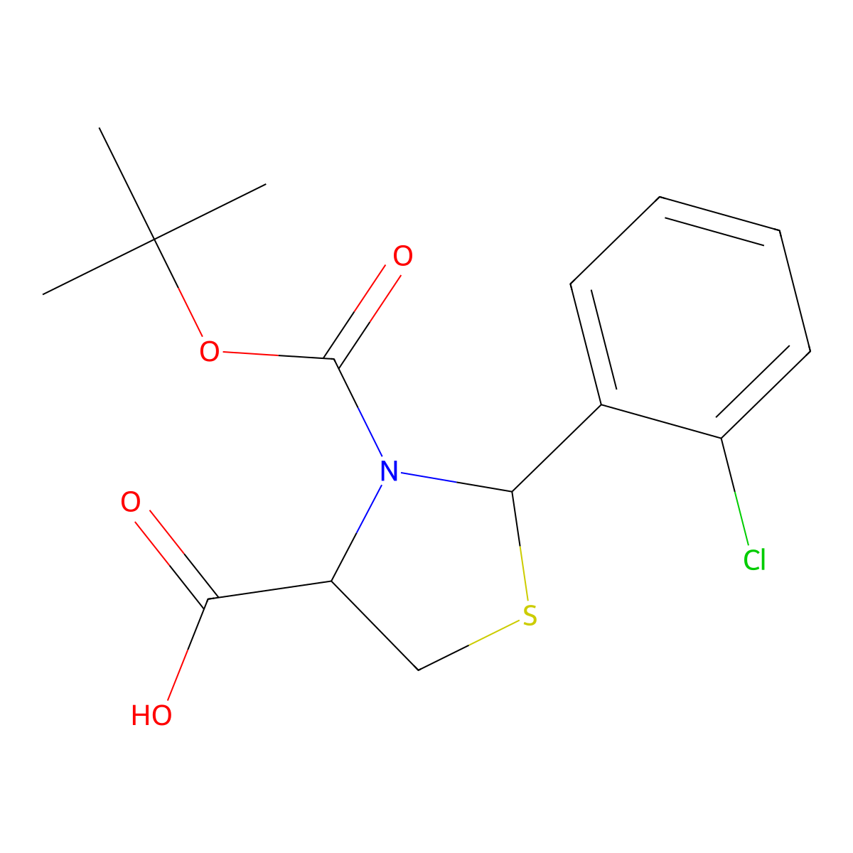 (4R)-3-[(tert-butoxy)carbonyl]-2-(2-chlorophenyl)-1,3-thiazolidine-4-carboxylic acid molecular structure, CAS 2639400-39-6