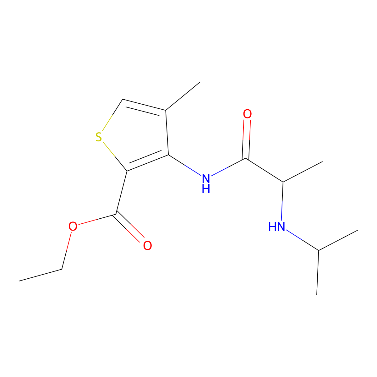 Ethyl 4-methyl-3-{2-[(propan-2-yl)amino]propanamido}thiophene-2-carboxylate molecular structure, CAS 2639401-22-0
