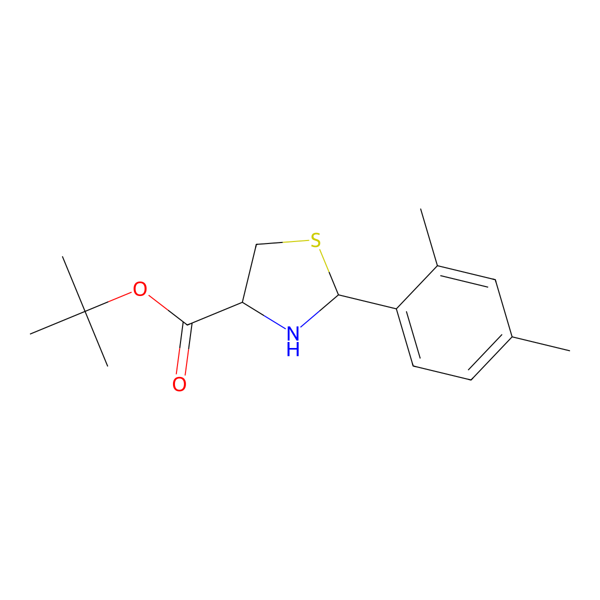Tert-butyl 2-(2,4-dimethylphenyl)-1,3-thiazolidine-4-carboxylate molecular structure, CAS 2639401-30-0
