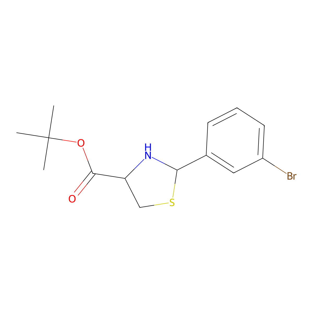 Tert-butyl 2-(3-bromophenyl)-1,3-thiazolidine-4-carboxylate molecular structure, CAS 2639404-20-7