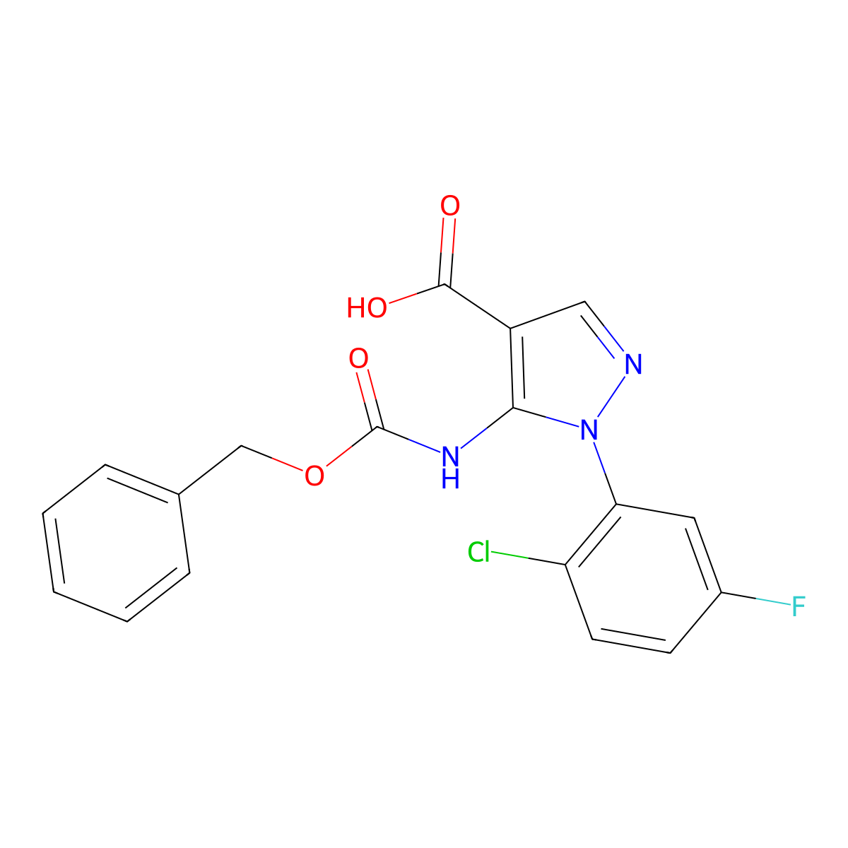 5-{[(benzyloxy)carbonyl]amino}-1-(2-chloro-5-fluorophenyl)-1H-pyrazole-4-carboxylic acid molecular structure, CAS 2639405-79-9