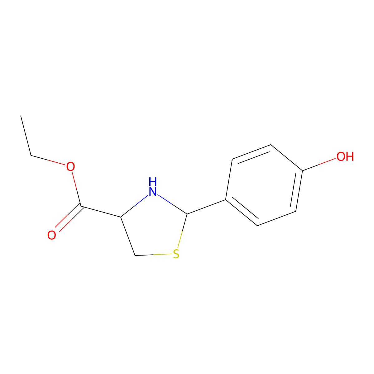 Ethyl 2-(4-hydroxyphenyl)-1,3-thiazolidine-4-carboxylate molecular structure, CAS 2639406-19-0
