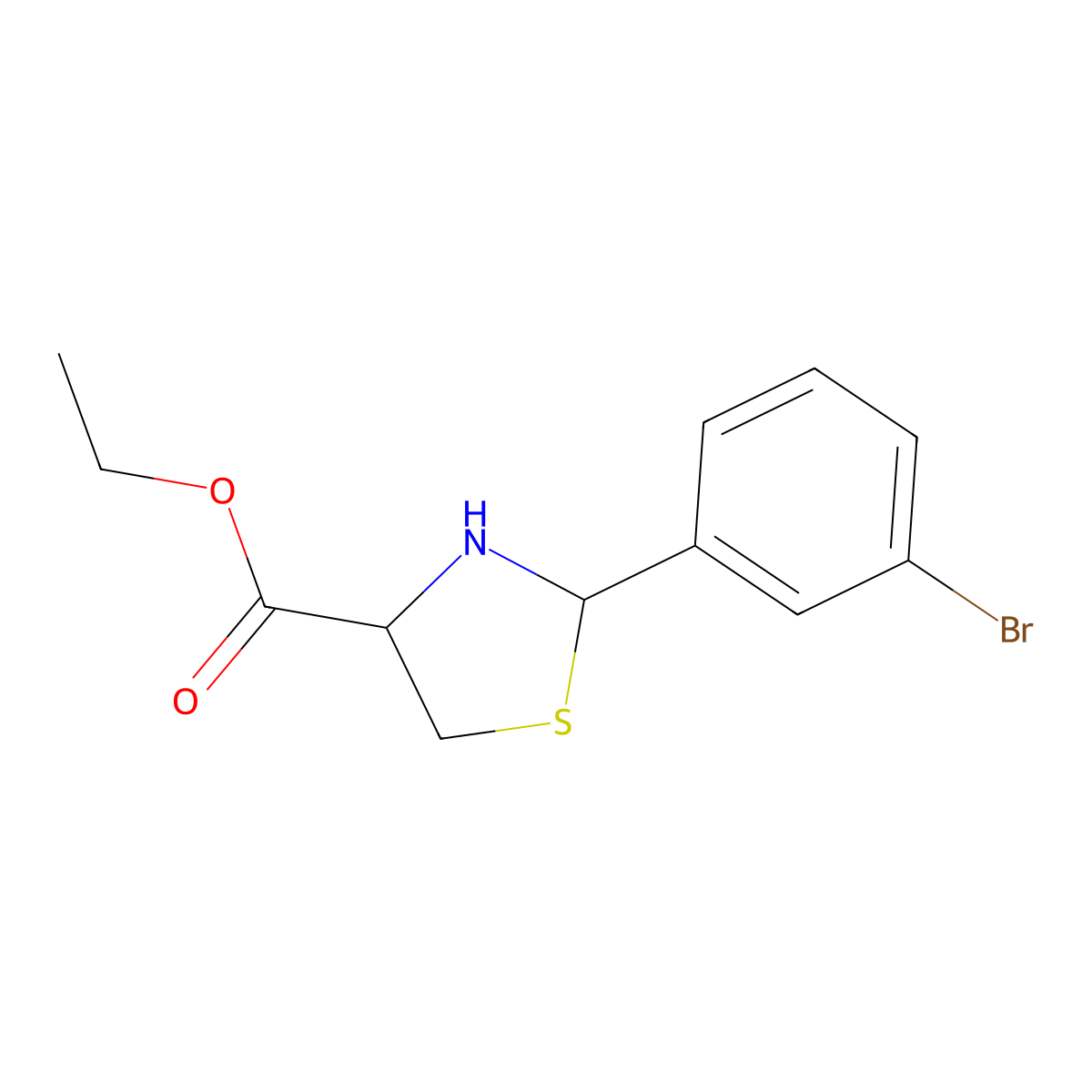 Ethyl 2-(3-bromophenyl)-1,3-thiazolidine-4-carboxylate molecular structure, CAS 2639406-25-8