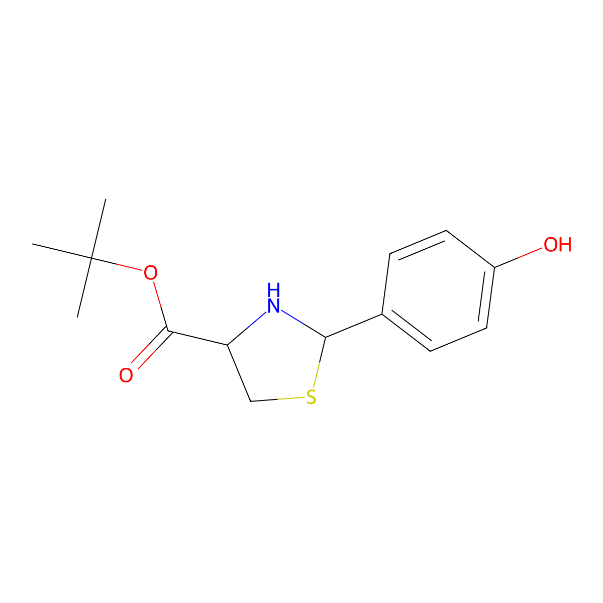 Tert-butyl 2-(4-hydroxyphenyl)-1,3-thiazolidine-4-carboxylate molecular structure, CAS 2639406-80-5
