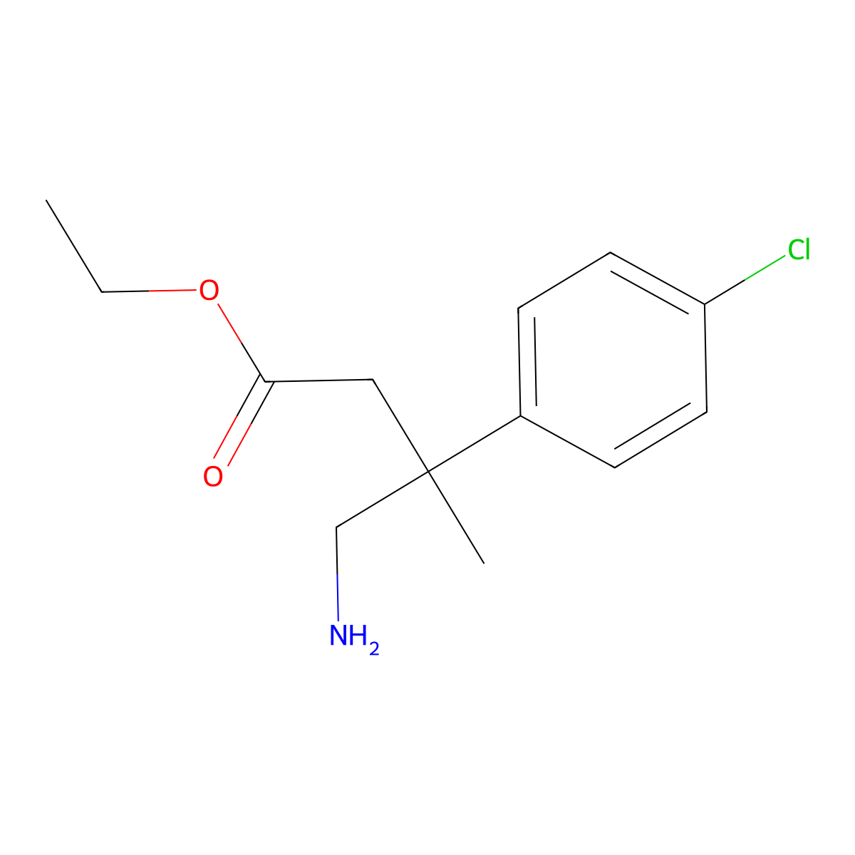 Ethyl 4-amino-3-(4-chlorophenyl)-3-methylbutanoate molecular structure, CAS 2639407-18-2
