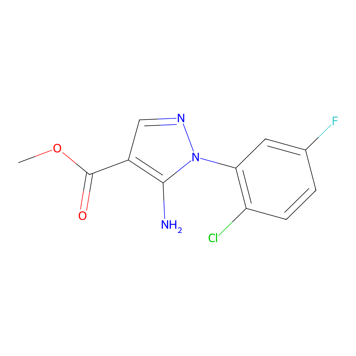methyl 5-amino-1-(2-chloro-5-fluorophenyl)-1H-pyrazole-4-carboxylate molecular structure, CAS 2639408-30-1