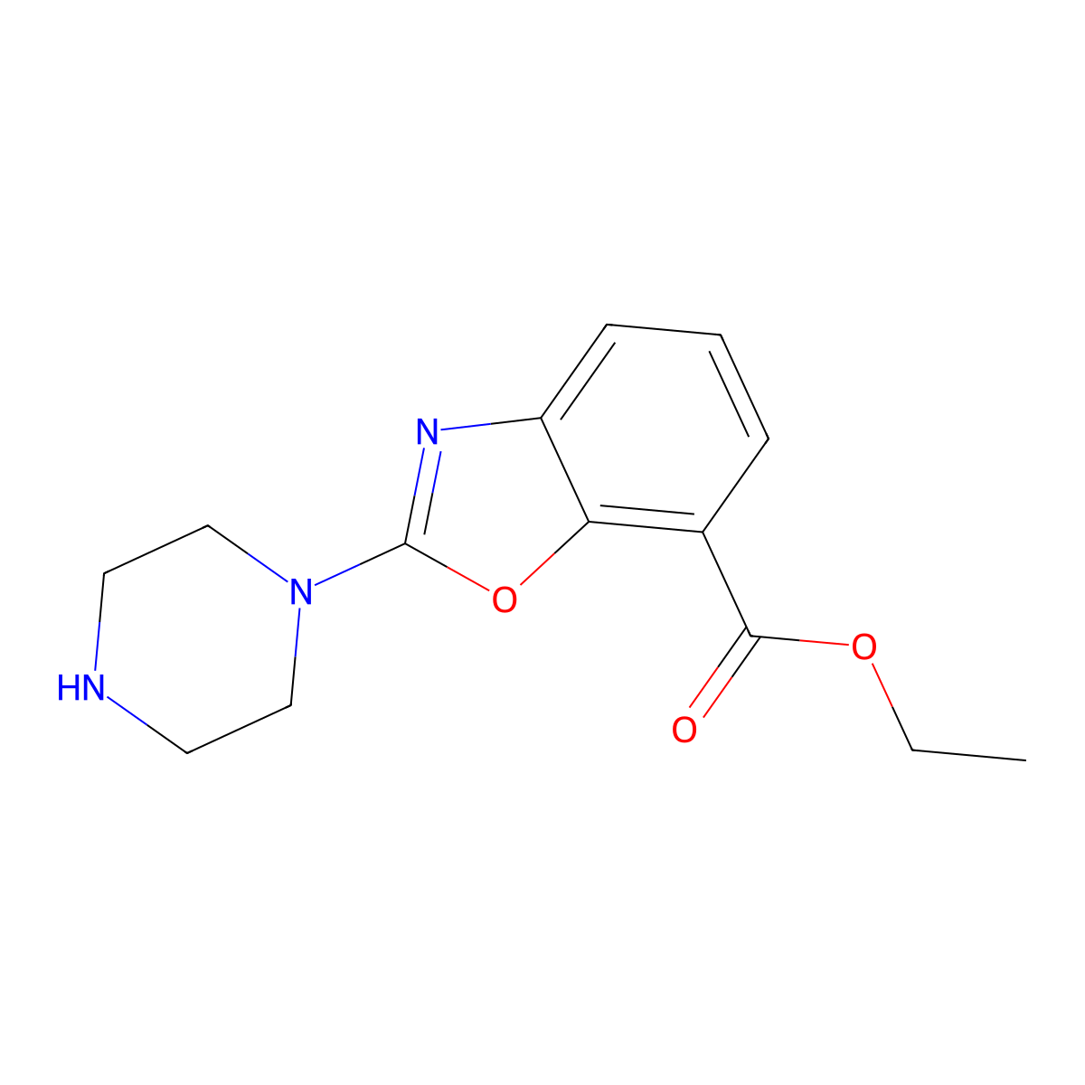 Ethyl 2-(piperazin-1-yl)-1,3-benzoxazole-7-carboxylate molecular structure, CAS 2639409-03-1