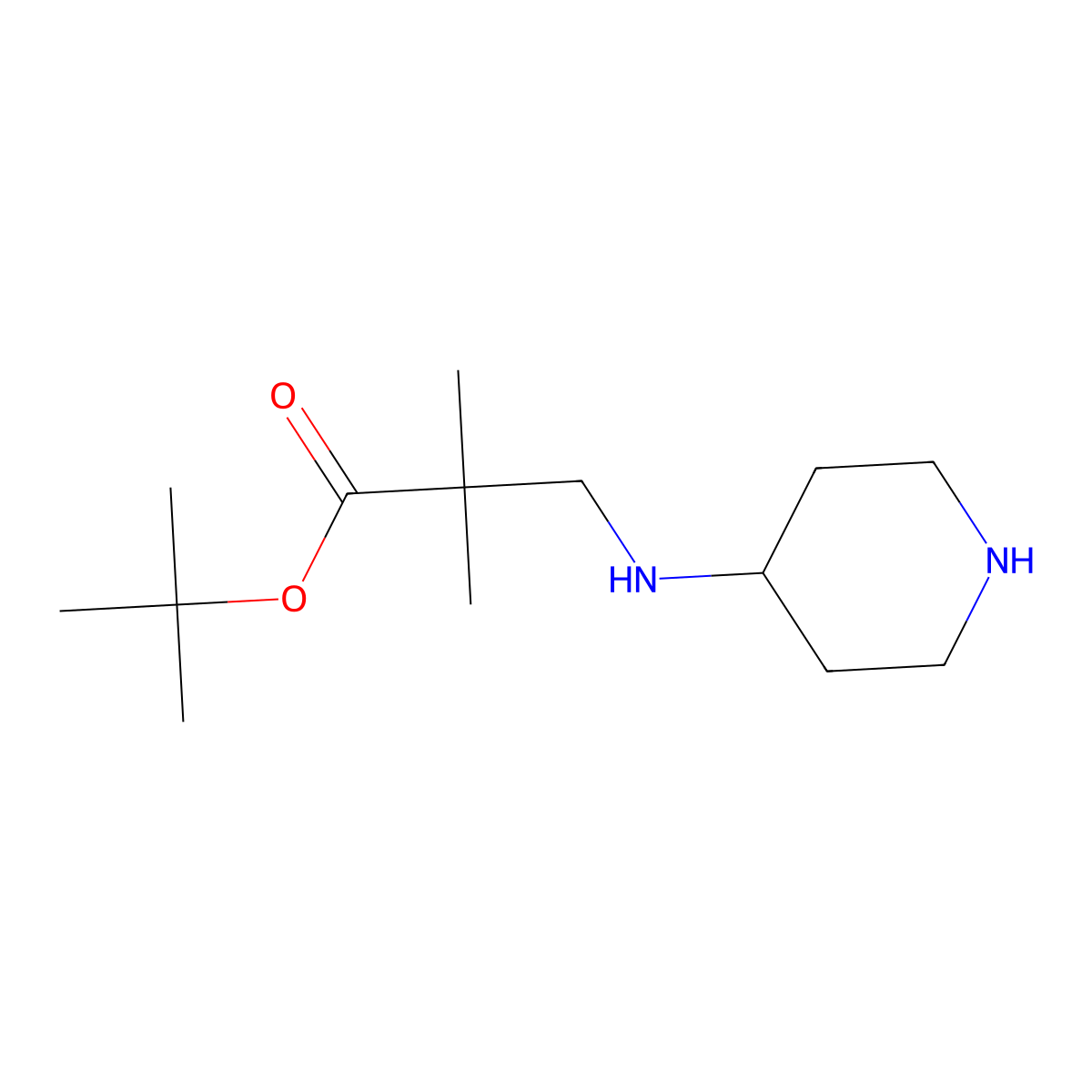 Tert-butyl 2,2-dimethyl-3-[(piperidin-4-yl)amino]propanoate molecular structure, CAS 2639409-77-9