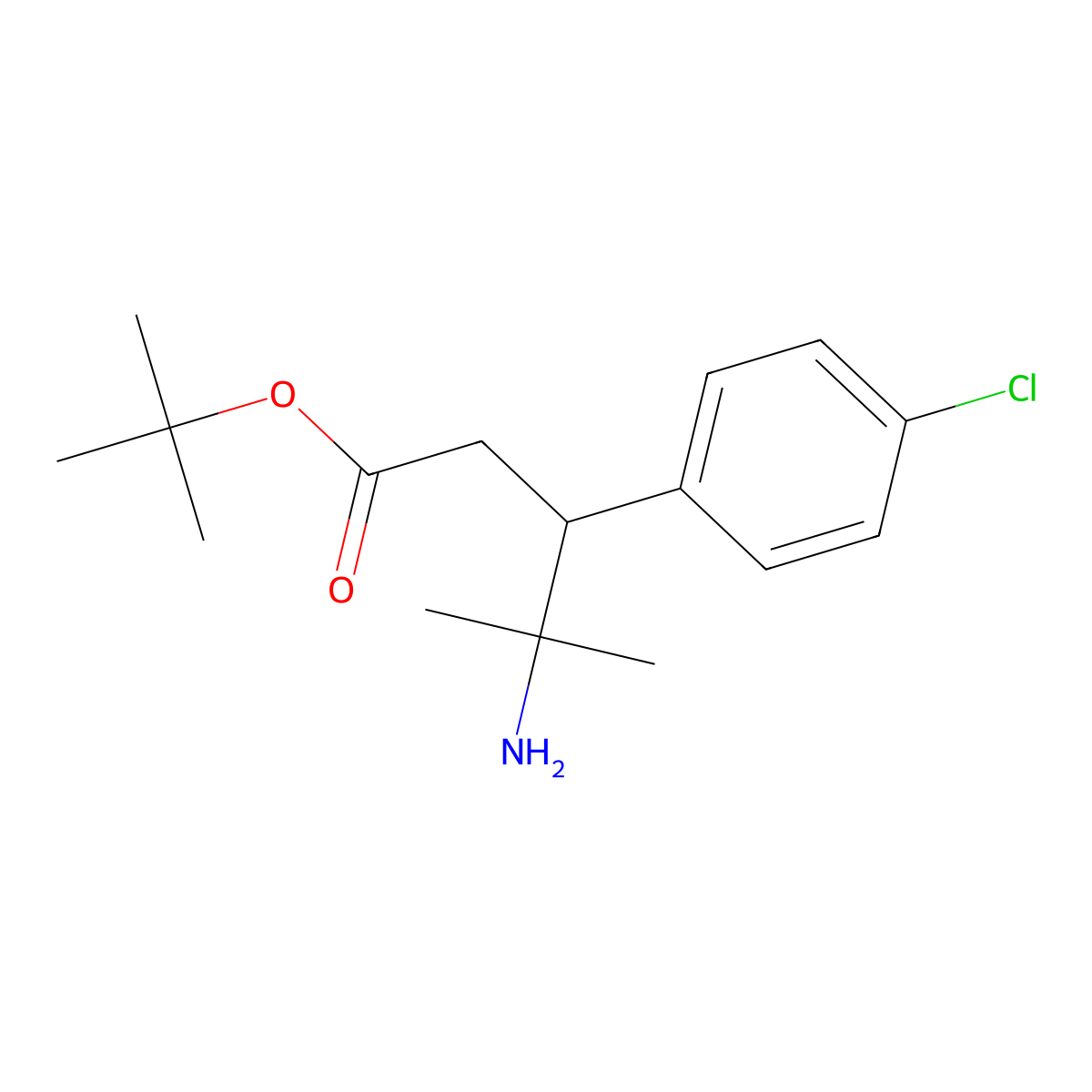 Tert-butyl 4-amino-3-(4-chlorophenyl)-4-methylpentanoate molecular structure, CAS 2639409-94-0