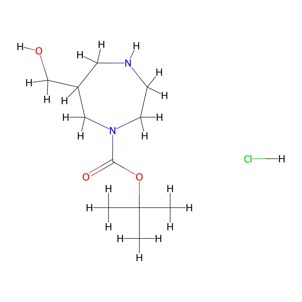 Tert-butyl 6-(hydroxymethyl)-1,4-diazepane-1-carboxylate hydrochloride molecular structure, CAS 2639409-97-3