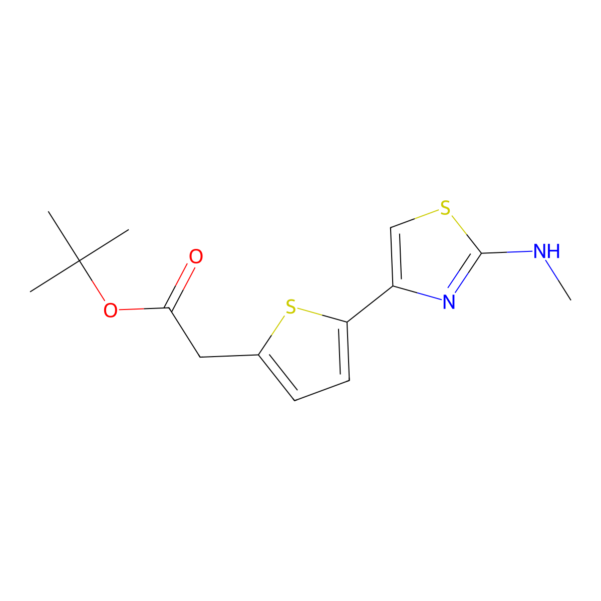 Tert-butyl 2-{5-[2-(methylamino)-1,3-thiazol-4-yl]thiophen-2-yl}acetate molecular structure, CAS 2639410-09-4