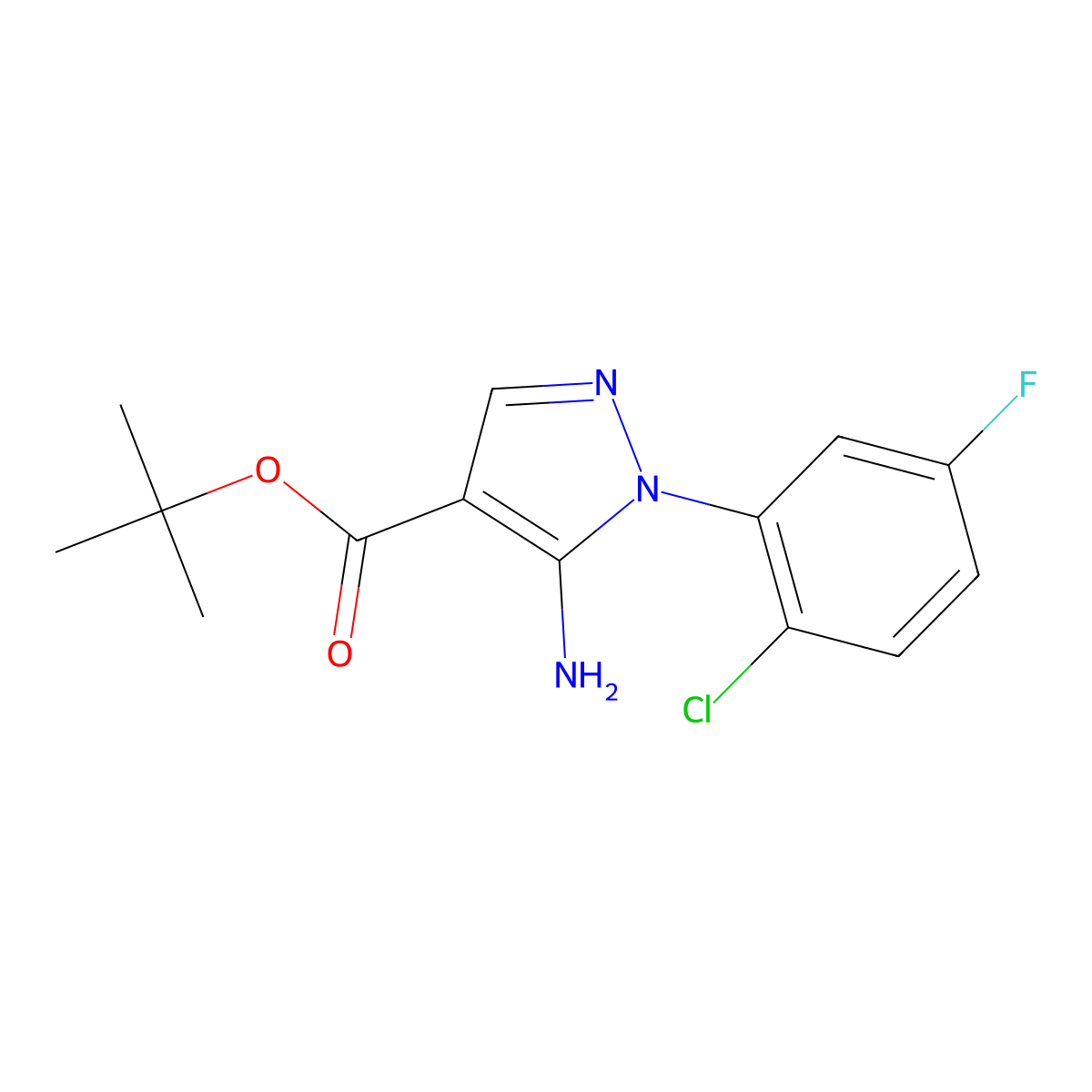 tert-butyl 5-amino-1-(2-chloro-5-fluorophenyl)-1H-pyrazole-4-carboxylate molecular structure, CAS 2639410-32-3