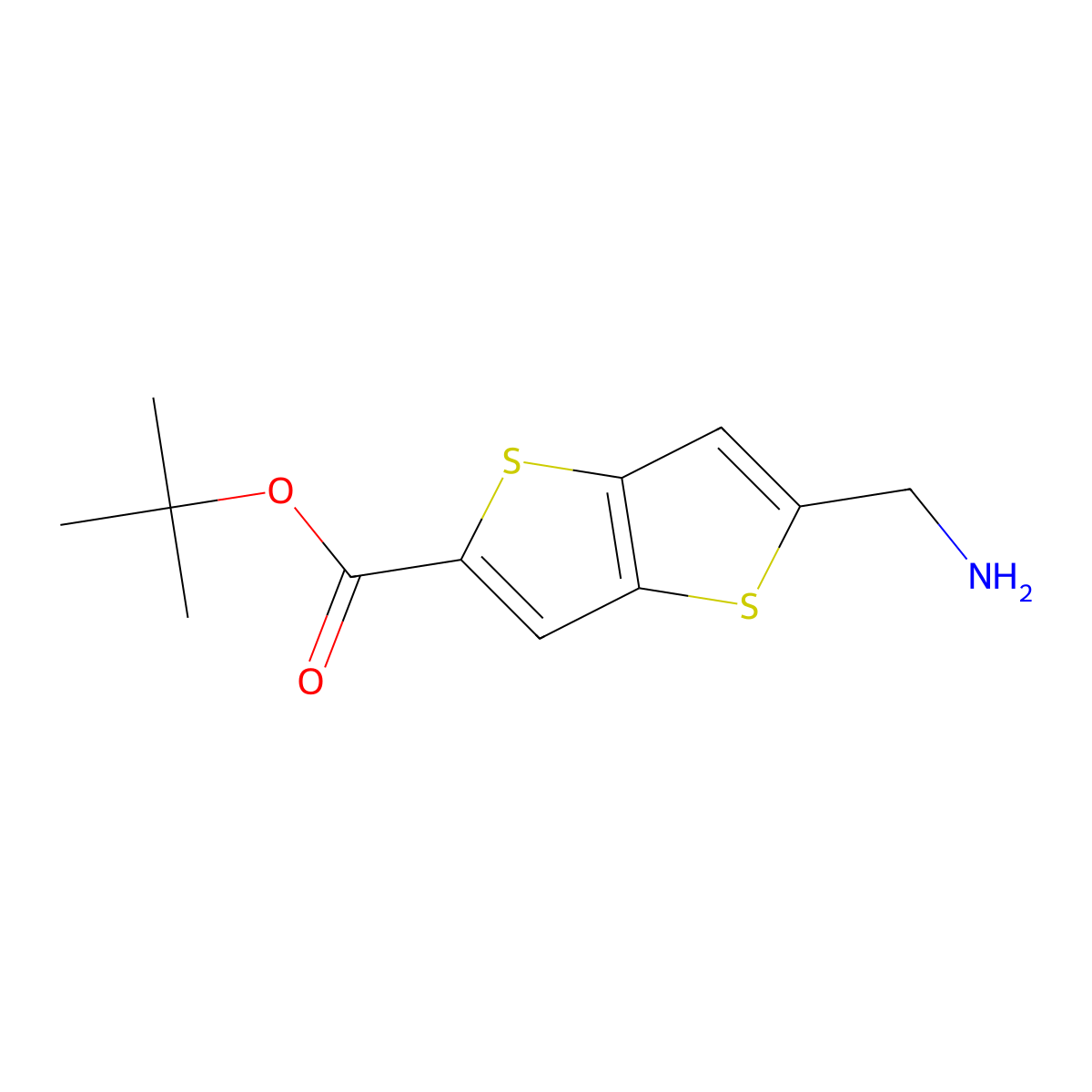 Tert-butyl 5-(aminomethyl)thieno[3,2-b]thiophene-2-carboxylate molecular structure, CAS 2639411-47-3