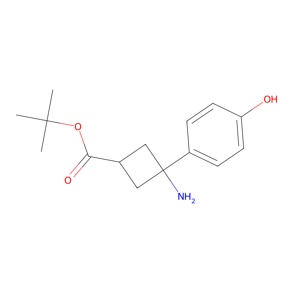 Tert-butyl 3-amino-3-(4-hydroxyphenyl)cyclobutane-1-carboxylate molecular structure, CAS 2639411-65-5