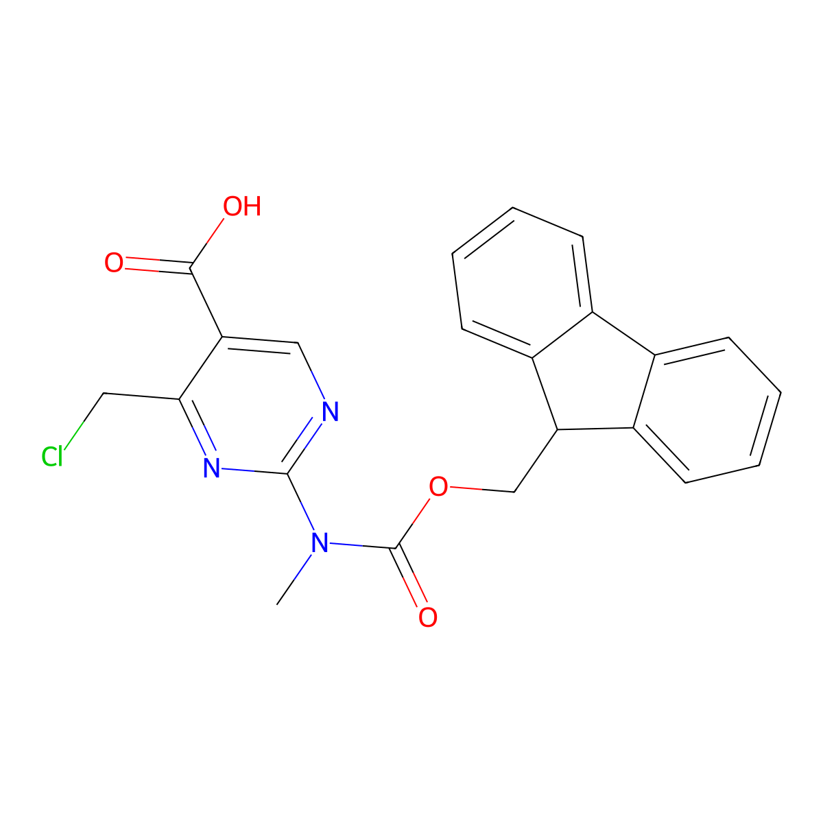 4-(chloromethyl)-2-({[(9H-fluoren-9-yl)methoxy]carbonyl}(methyl)amino)pyrimidine-5-carboxylic acid molecular structure, CAS 2639411-86-0