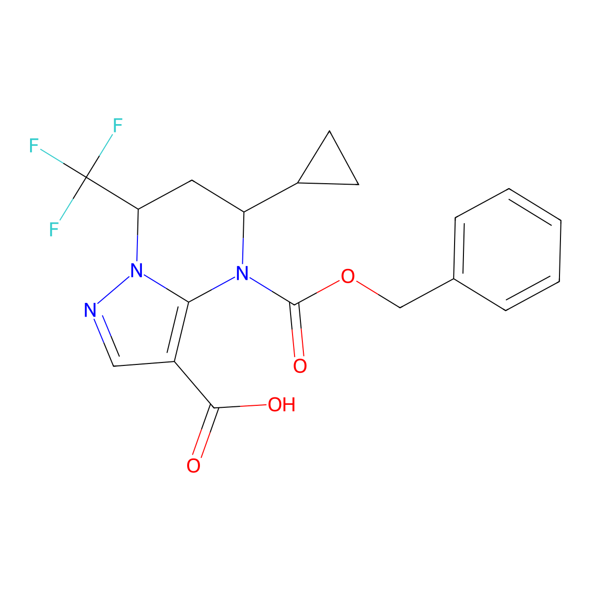 4-[(benzyloxy)carbonyl]-5-cyclopropyl-7-(trifluoromethyl)-4H,5H,6H,7H-pyrazolo[1,5-a]pyrimidine-3-carboxylic acid molecular structure, CAS 2639412-35-2