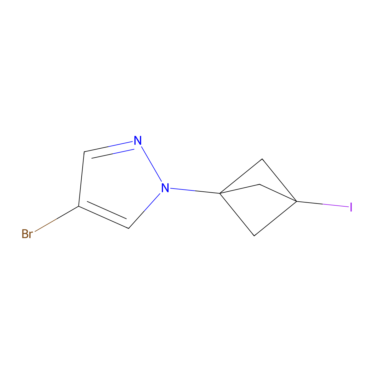 4-bromo-1-{3-iodobicyclo[1.1.1]pentan-1-yl}-1H-pyrazole molecular structure, CAS 2639413-02-6