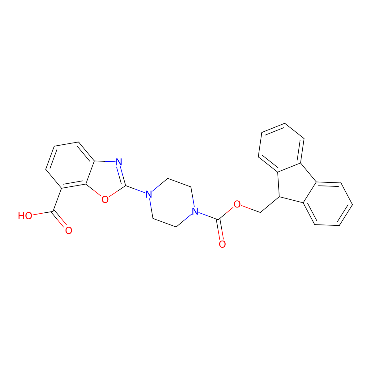 2-(4-{[(9H-fluoren-9-yl)methoxy]carbonyl}piperazin-1-yl)-1,3-benzoxazole-7-carboxylic acid molecular structure, CAS 2639413-11-7