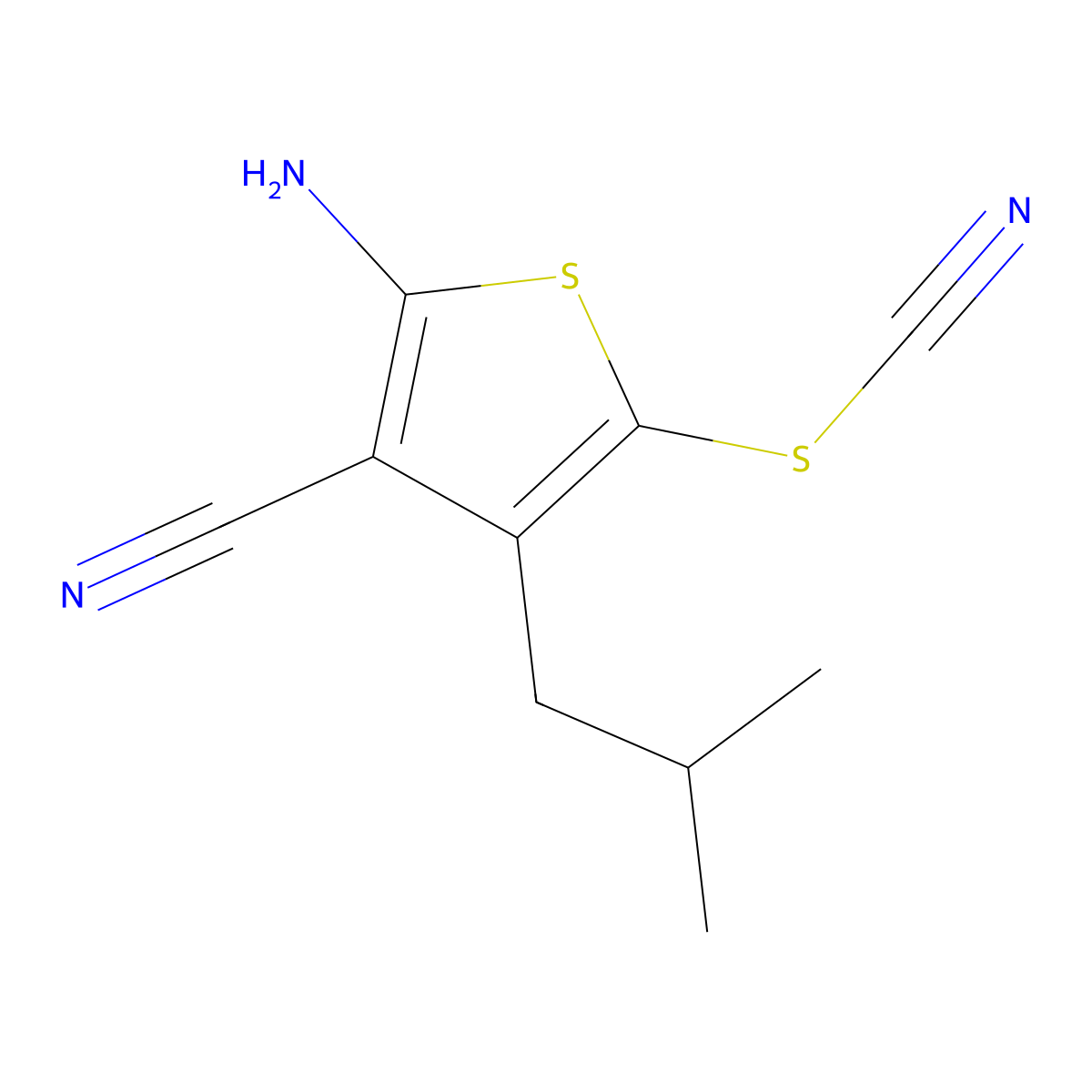 2-Amino-5-(cyanosulfanyl)-4-(2-methylpropyl)thiophene-3-carbonitrile molecular structure, CAS 2639413-26-4