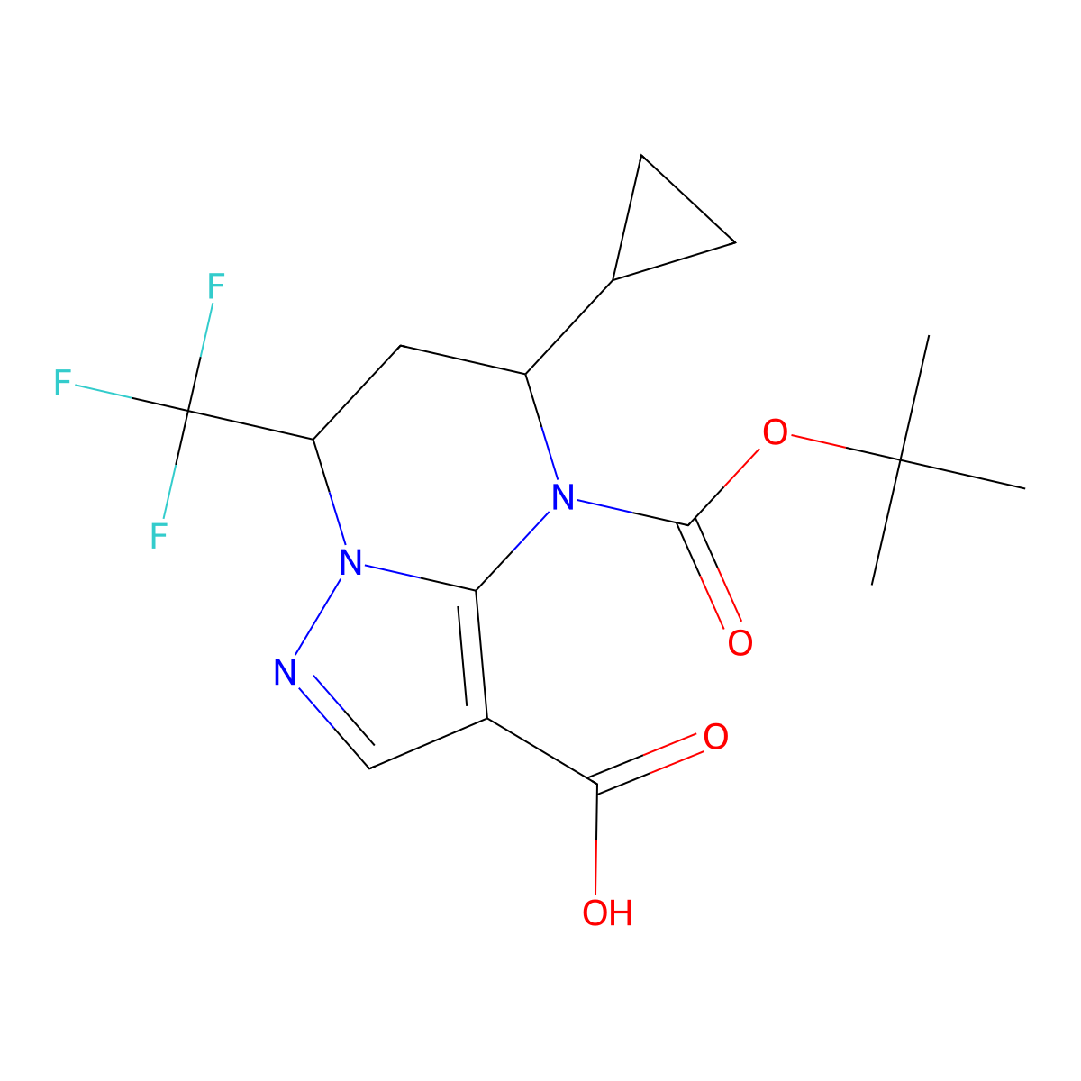 4-[(tert-butoxy)carbonyl]-5-cyclopropyl-7-(trifluoromethyl)-4H,5H,6H,7H-pyrazolo[1,5-a]pyrimidine-3-carboxylic acid molecular structure, CAS 2639413-33-3