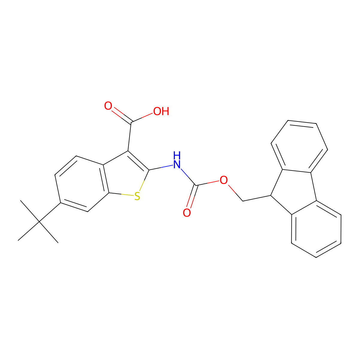 6-tert-butyl-2-({[(9H-fluoren-9-yl)methoxy]carbonyl}amino)-1-benzothiophene-3-carboxylic acid molecular structure, CAS 2639413-55-9