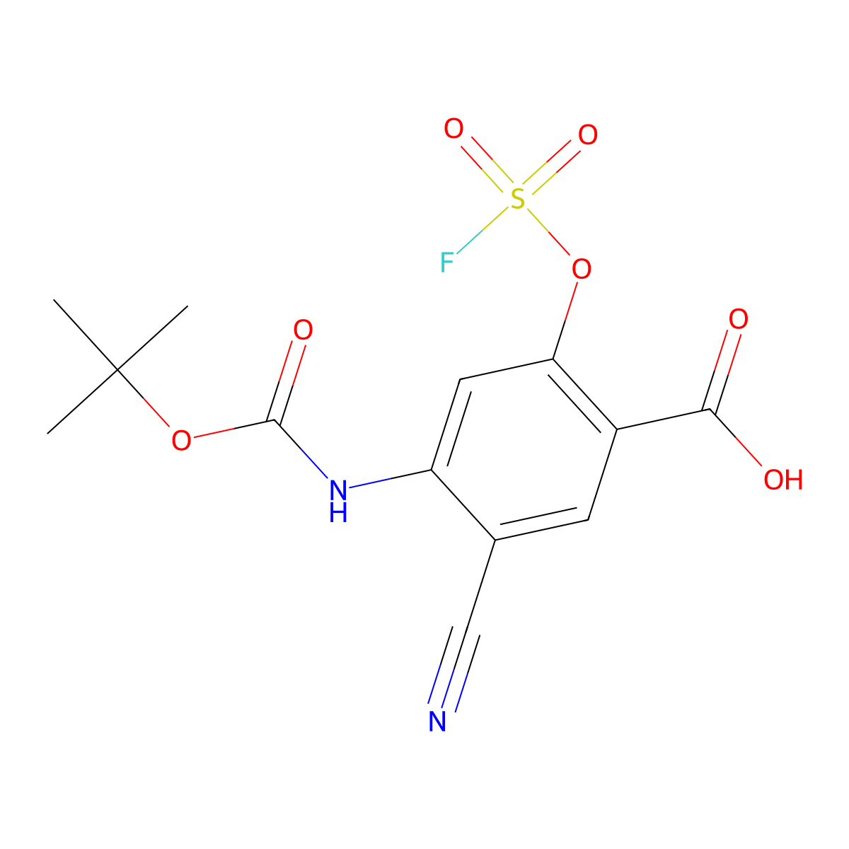 4-{[(Tert-butoxy)carbonyl]amino}-5-cyano-2-[(fluorosulfonyl)oxy]benzoic acid molecular structure, CAS 2639414-43-8